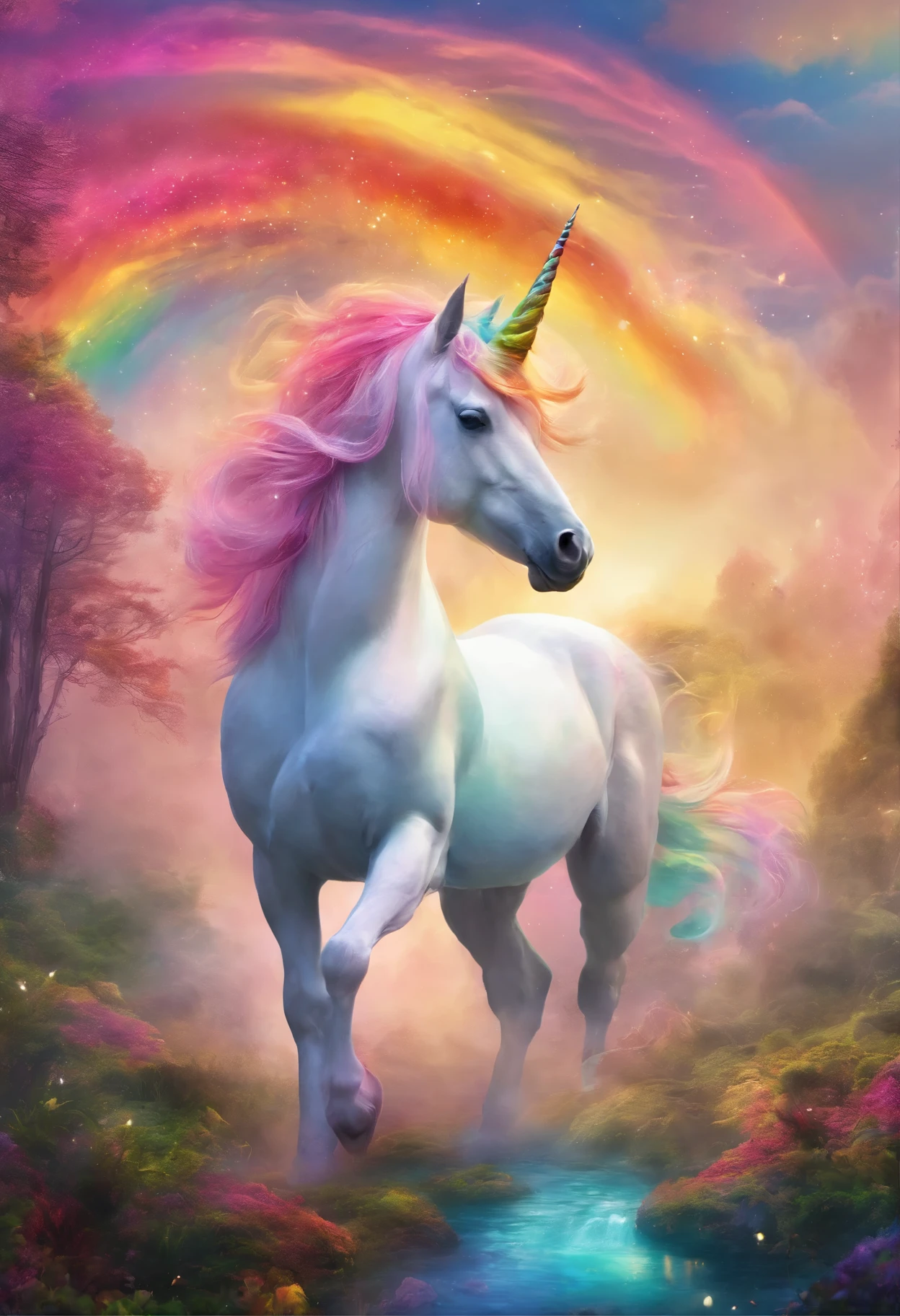 fantasy rainbow unicorn，front，fantasy forest background，mist，Meticulous portrayal，Rich details，hyper-realistic，Super realistic，masterpiece，8k，light
