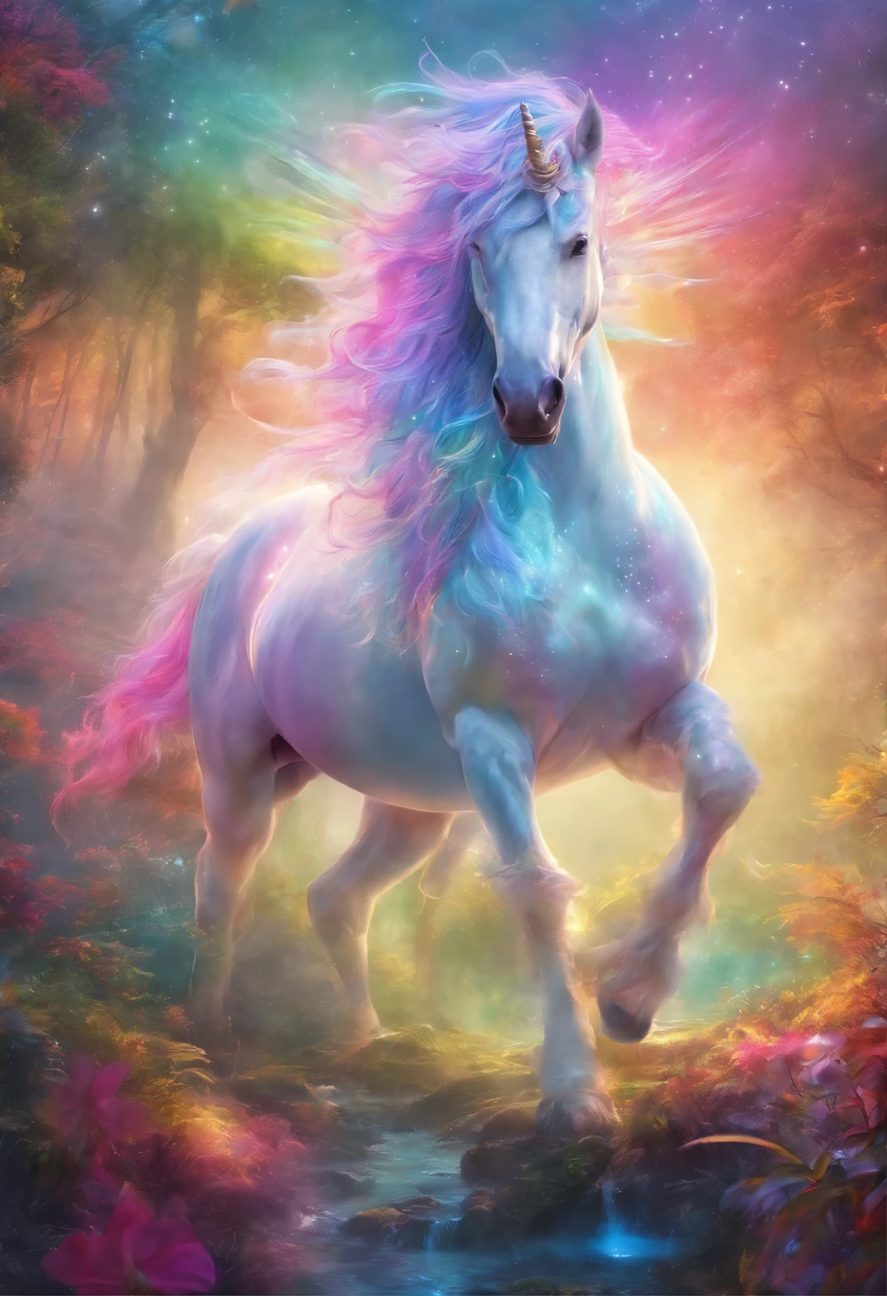 fantasy rainbow unicorn，Frontal close-up，fantasy forest background，mist，Meticulous portrayal，Rich details，hyper-realistic，Super realistic，masterpiece，8k，light