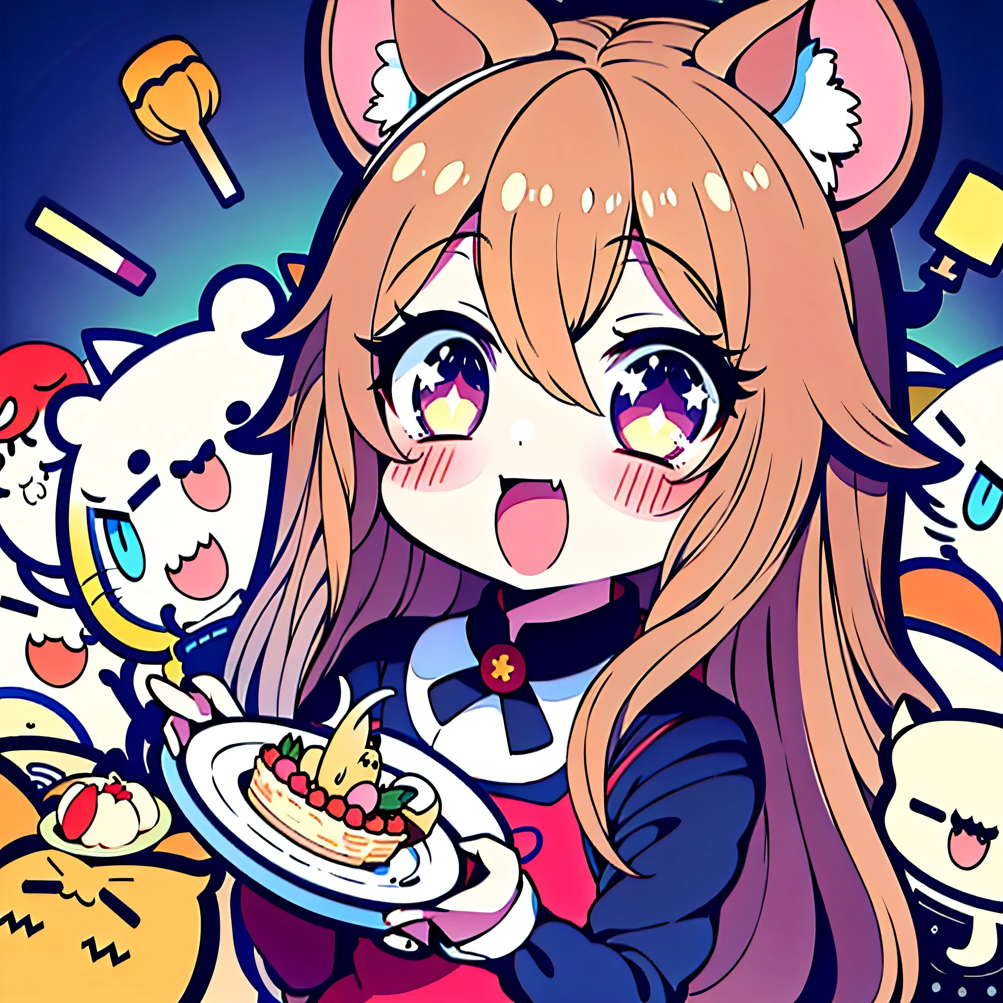 Anime girl holding a plate of food in front of a group of cats, anime moe art style, eating a cake, zerochan art, cute anime catgirl, maplestory mouse, Marin Kitagawa fanart, anime food, lovely art style, anime catgirl, Pisif, author：Master of Han Chinese, Cute!! tchibi!!! cat woman, ig studios anime style, Cute anime style