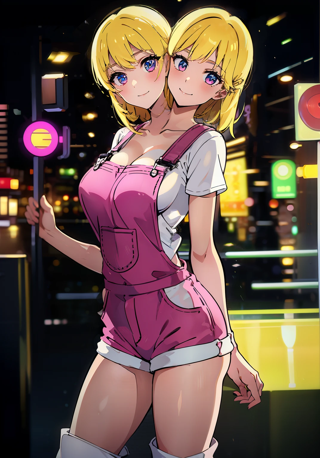 best quality, (masterpiece),(ultra-detailed), (high quality), (high resolution), (2heads:1.5) (blonde hair), cleavage, ((white t shirt)), ((pink overalls)),best quality:1.5, highres, UHD, 4K), smiling, white boots with pink patterns, detailed glowing blue eyes, (mature woman), sexy proportions, Beautiful girl with accentuated slender abs, long legs, seductive woman, lustrous and smooth skin, cyberpunk city background, ((night time)) gyaru