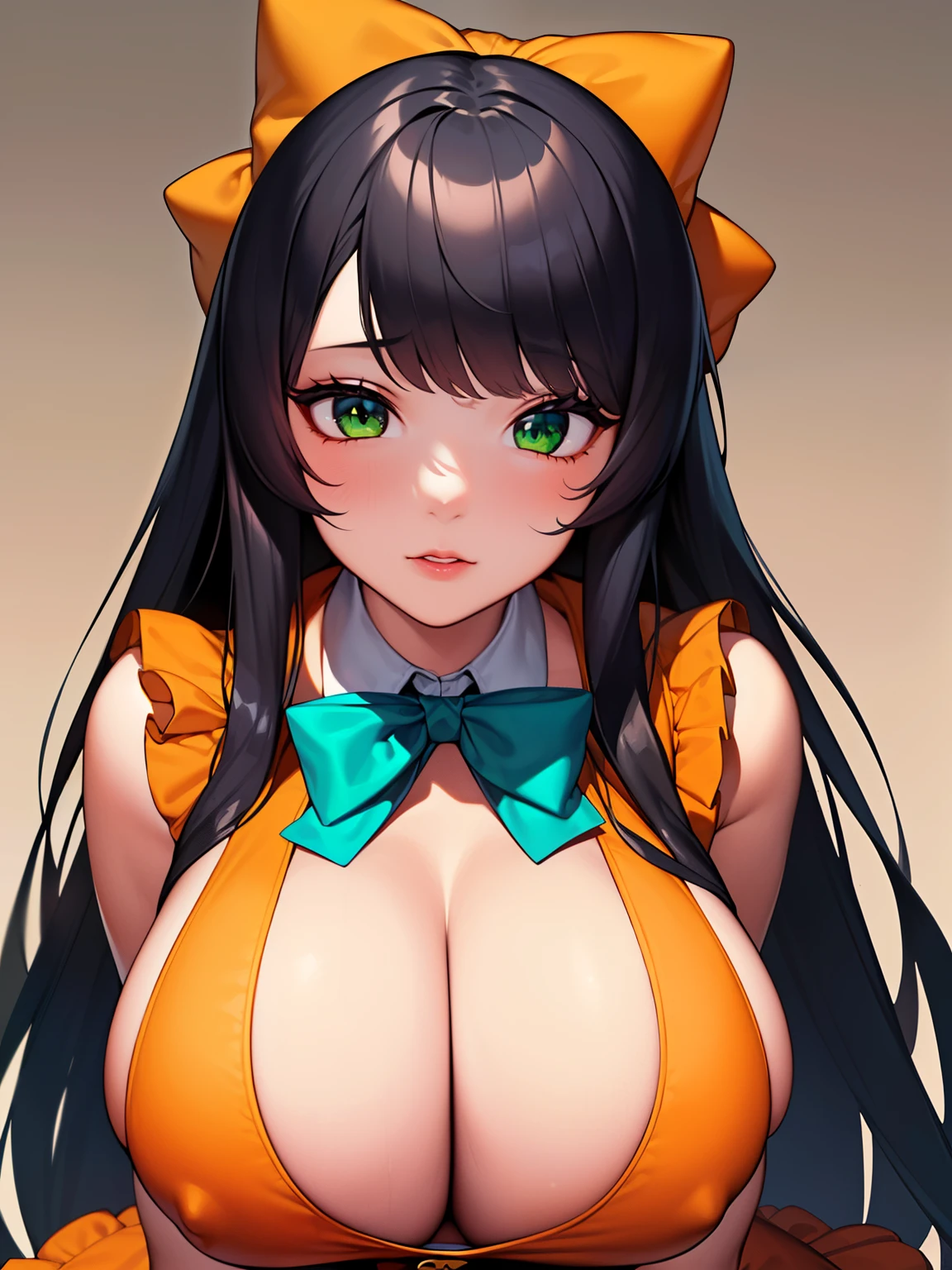 (8K, Best quality, tmasterpiece:1.2),\(eye detailed\),(\(Clothes detail details\)\),full bodyesbian,(huge tit),(Facial focus) ,Very detailed CG unity 8K wallpaper,hugefilesize,ultra - detailed,A high resolution,absurderes,beautidful eyes,Ray traching,dramatic shadow,finely detailled,Dramatic angles,Hyper-detailing,(1 girl:1.3),(Solo),,Mature female,Long hair black,Green eyes,Wearing(cosplaying_magical girl,very cute orange dress with ruffles,Large Ribbon Bow Tie Back),