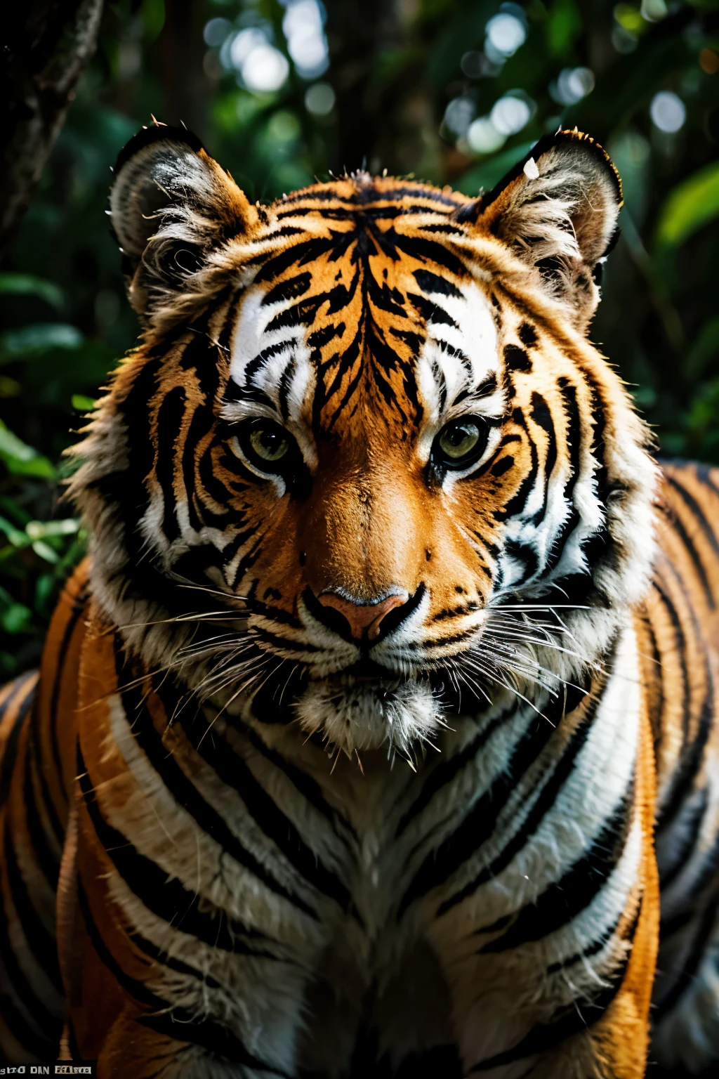 In the heart of a complex rainforest, a close-up of a beautifully striped tiger is captured during the enchanting sunrise. Volumetric lighting casts a soft, ethereal glow on the tiger's sleek, golden coat. This portrait photography masterpiece, taken in the highest quality and finest detail, showcases the tiger's intricately detailed textures in 16k, HD, and 1080P. The crazy details of each stripe and the intense, captivating gaze of the tiger's piercing eyes come to life in this ultra-high resolution image.