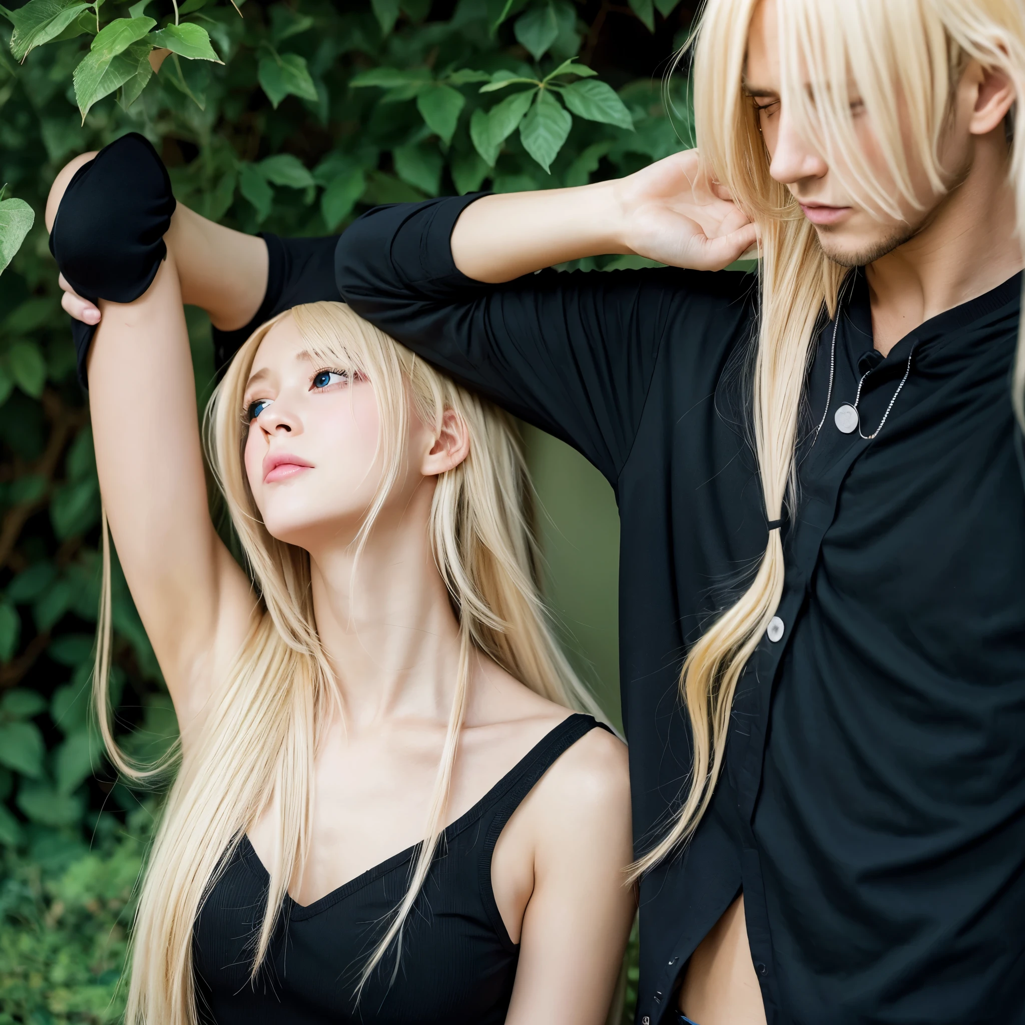 anime, Blonde, long hair, hanging eyes, black hairpiece, armpit, SMELL, show armpits, black clothes, a girl and a man, A man licks her armpit, anime