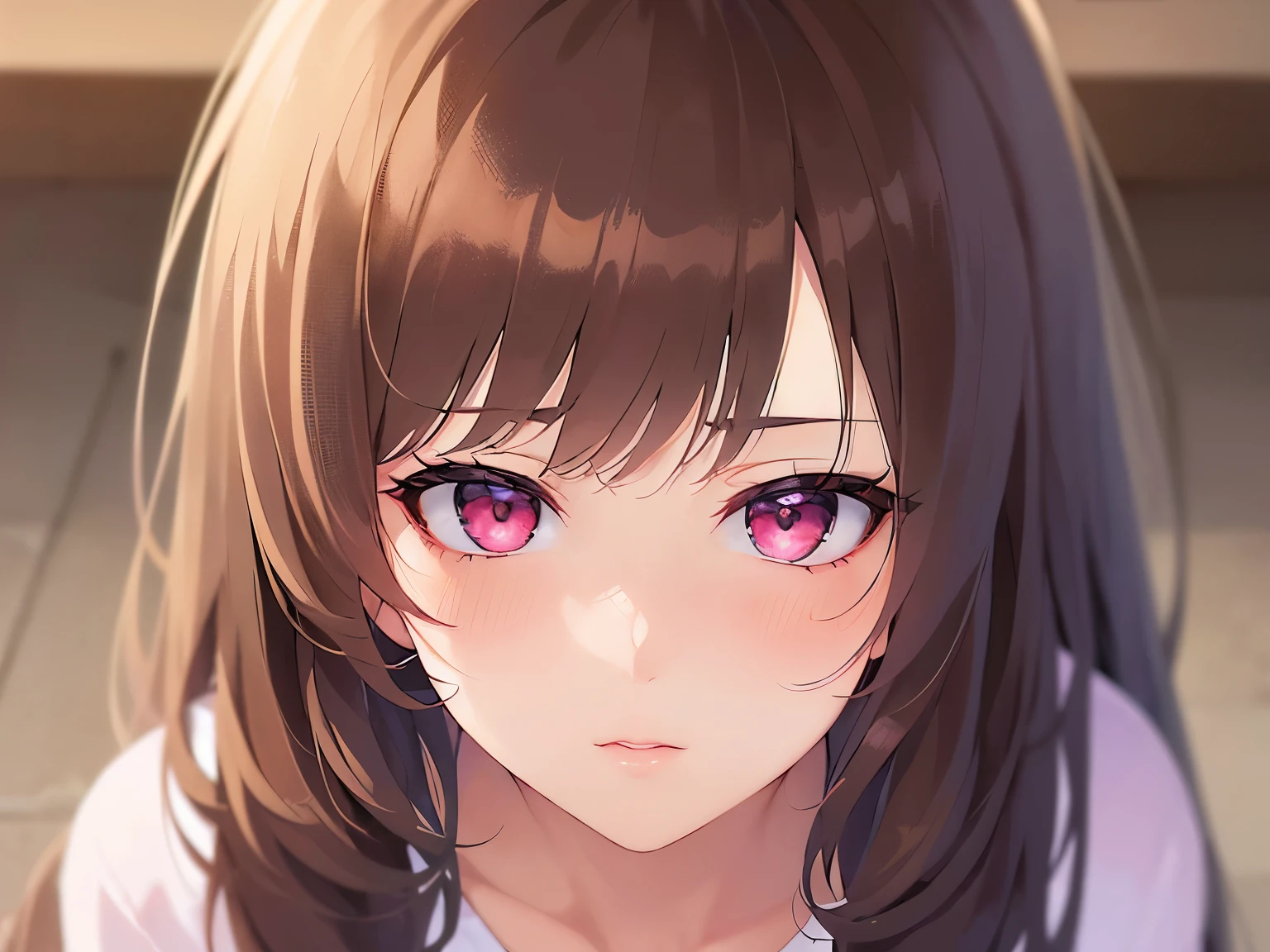 shooting from above, cinematic angle, looking up, (Placing hand on face:1.2), real person, RAW photo, photorealistic, portrait photography, shiny skin, japanese idol、A 25-year-old woman with bright chestnut bangs.、(long wavy hair) and (pink eyes), (long Sleeve V-neck Blouse:1.2), (face waiting for kiss, blush:1.3), Background is living room、Alone
