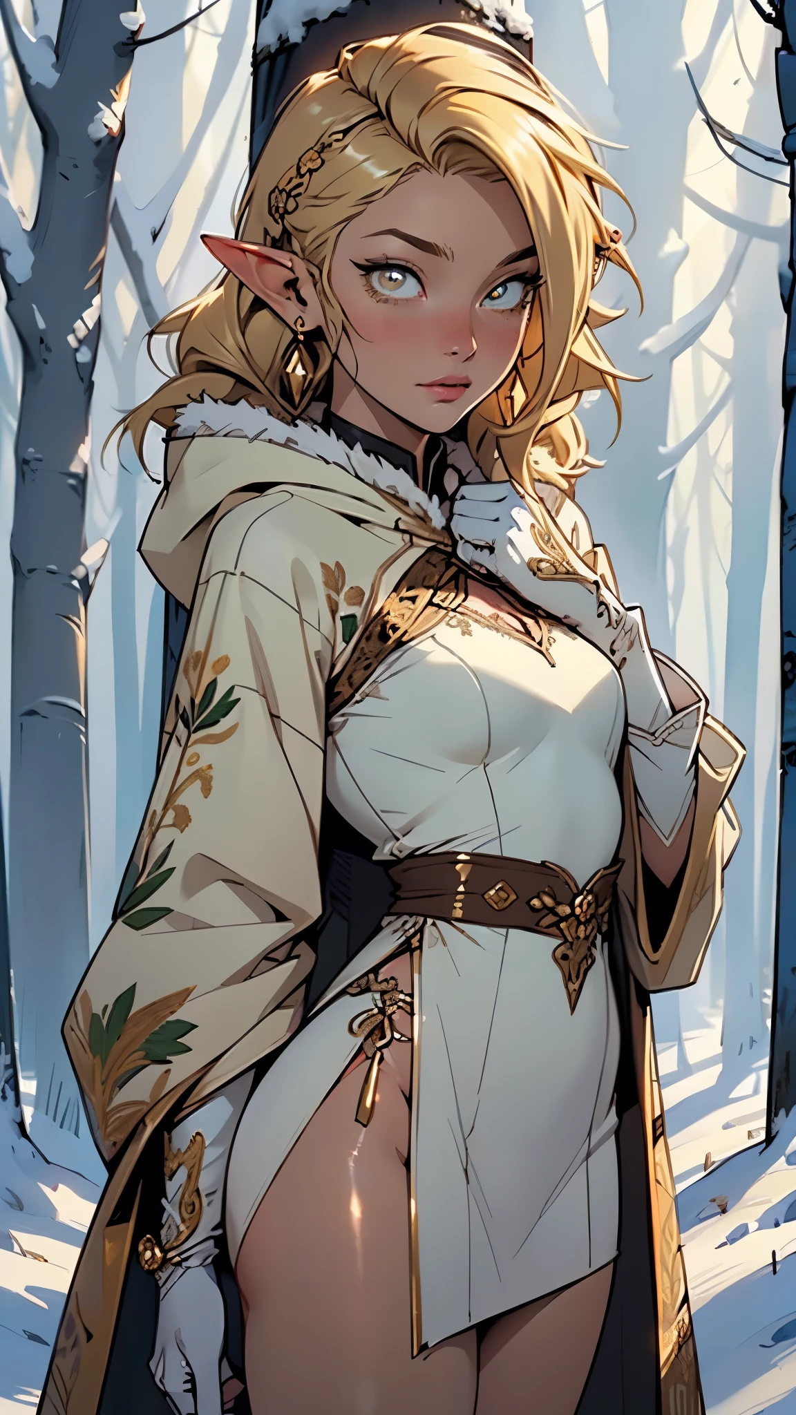 A woman in a white dress and a brown cape is standing in the snow ...