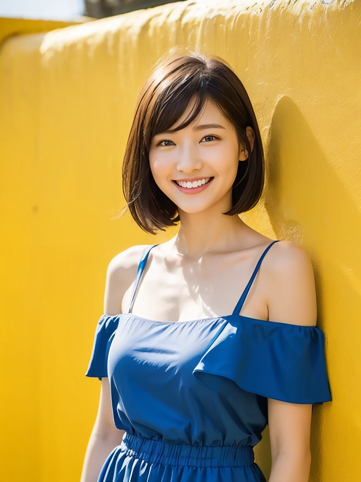 Pretty girl, Perfect figure in tight mini blue dress, Short hair, Smiling face, medium breasts⁩, a little messy hair, stand next to a yellow wall, Direct sunlight, High resolution, Photorealistic