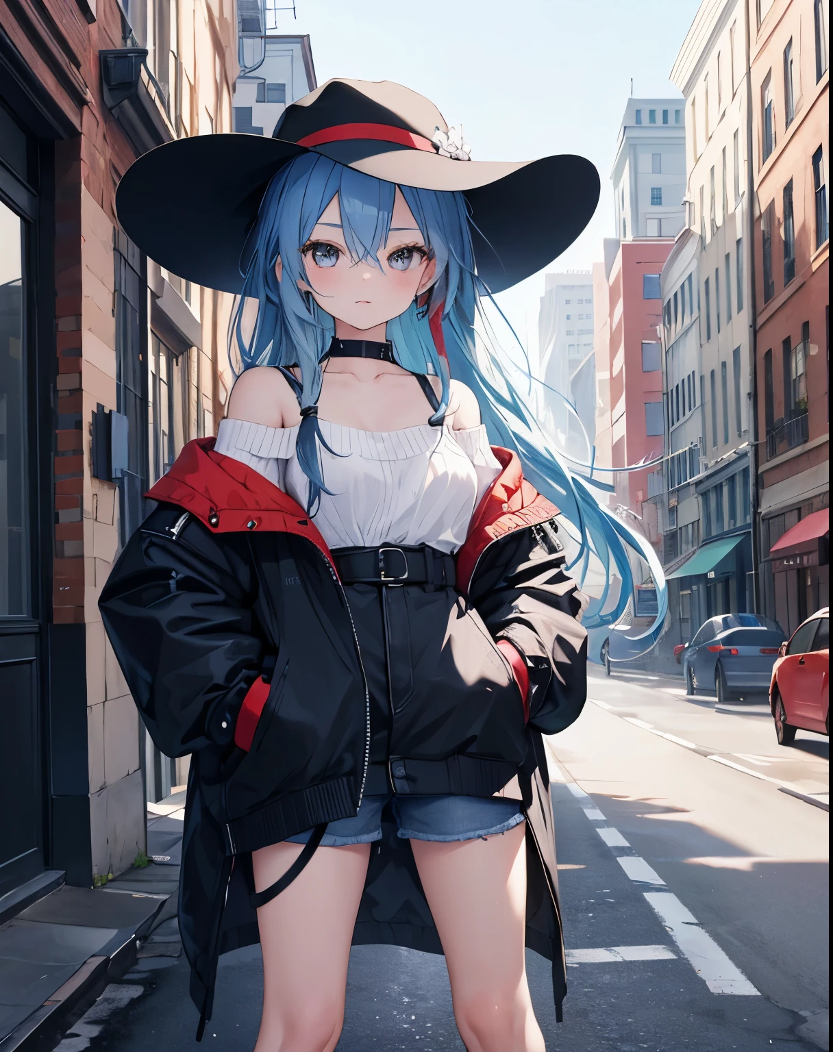 Masterpiece,1 girl,alone,long hair,blue hair,hat,off shoulder:1.2, hatม็อบ, road,hands on hips, hands in pocket,