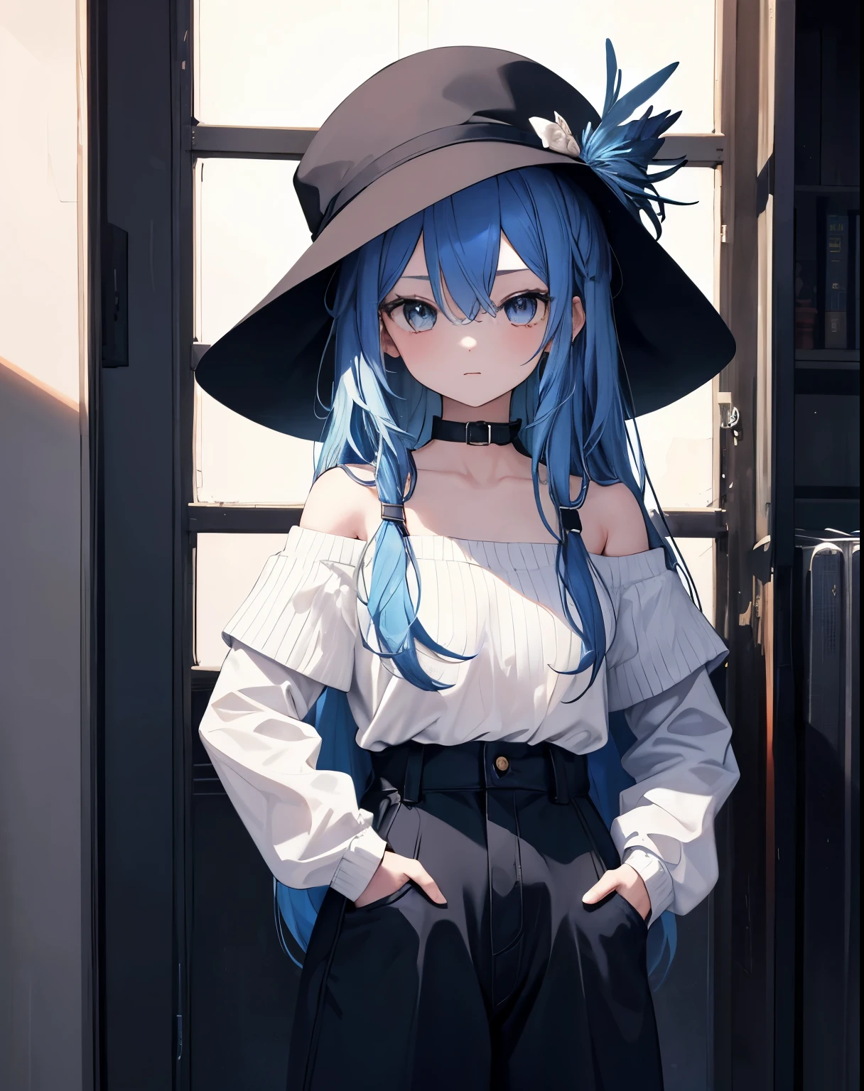 Masterpiece,1 girl,alone,long hair,blue hair,hat,off shoulder:1.2, hatม็อบ, road,hands on hips, hands in pocket,