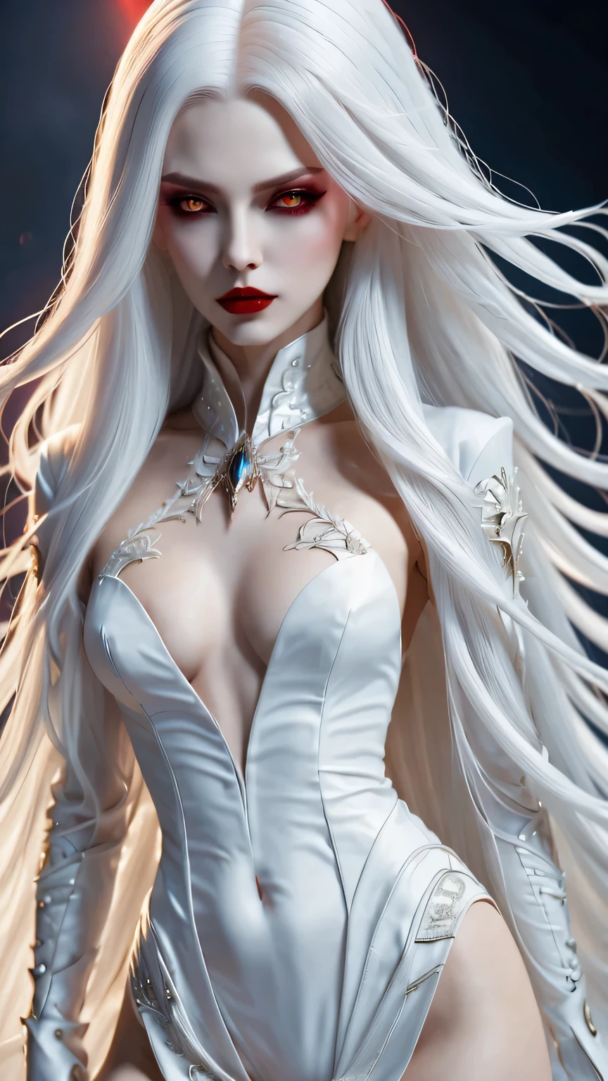 A terrifying and beautiful vampire, long white hair, Beautiful red lips, complicated eye roll, like a dream, ethereal, Cover the navel,Popular topics on Artstation, white luxury suit, BalenciagaStyle, Royal background，sharp focus，soft light, (best quality,4K,8k,high resolution,masterpiece:1.2),super detailed,(actual,photoactual,photo-actual:1.37)