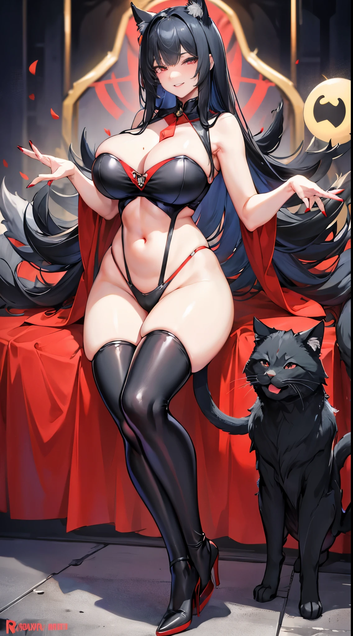 like full body.，high-heels，Huge cleavage breasts,Long black hair cut in bangs，red eyes，black nails，black toenails，smiley face，Nekomata,Reveal the thighs.，Reveal your navel，Revealing the armpits, mother&#39;s perfect figure