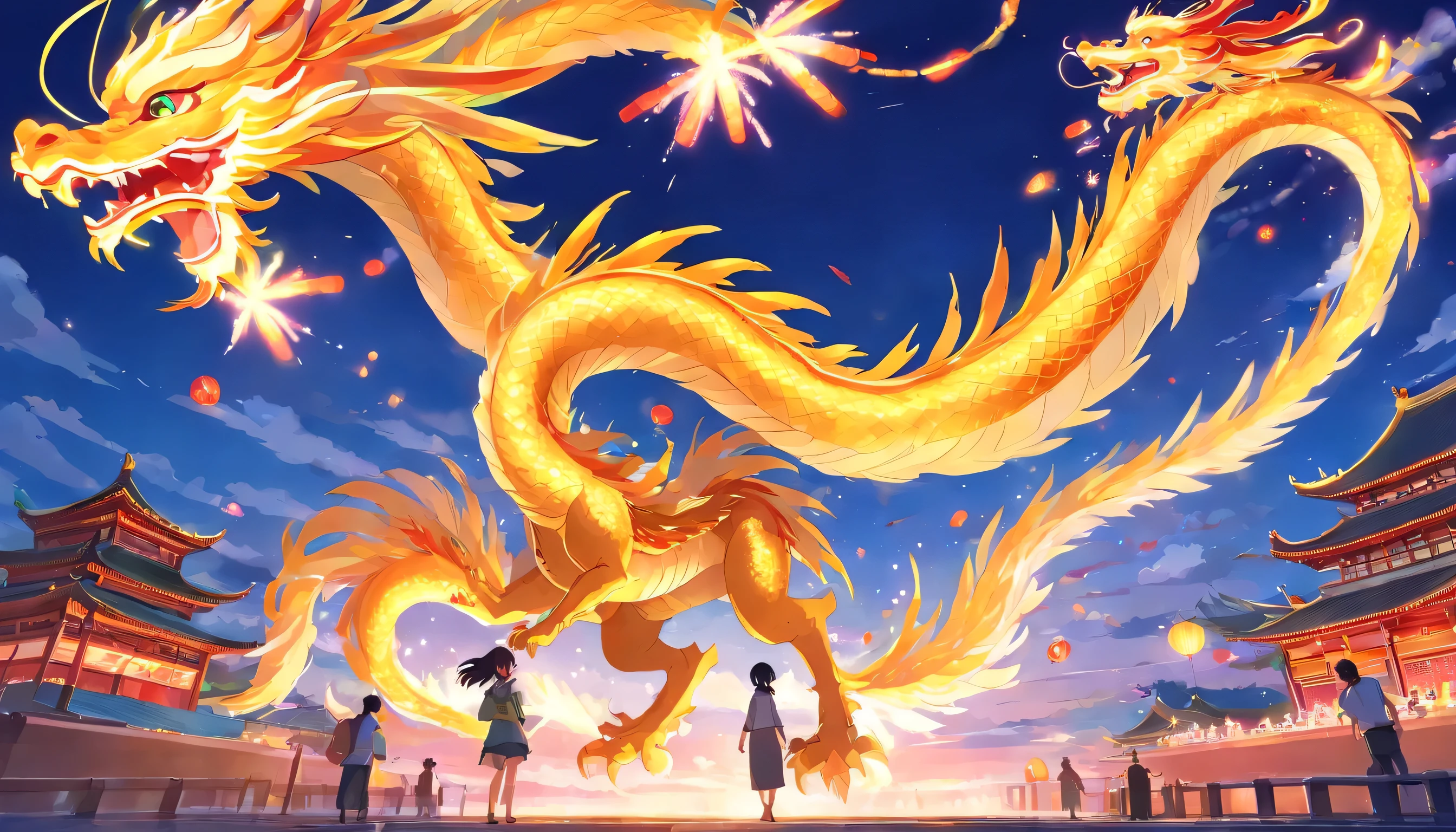 Cute golden Chinese dragon in the sky, Xiangyun，fireworks，firecracker, lunar New Year, spring flowers, Red Lantern, Creative background, best quality, Full HD, Happy Dragon, 2024, 。.3D, (paper art, Quilted paper art, geometry), extremely colorful,, extremely colorful, Colorful illustrations, watercolor((masterpiece))), ip