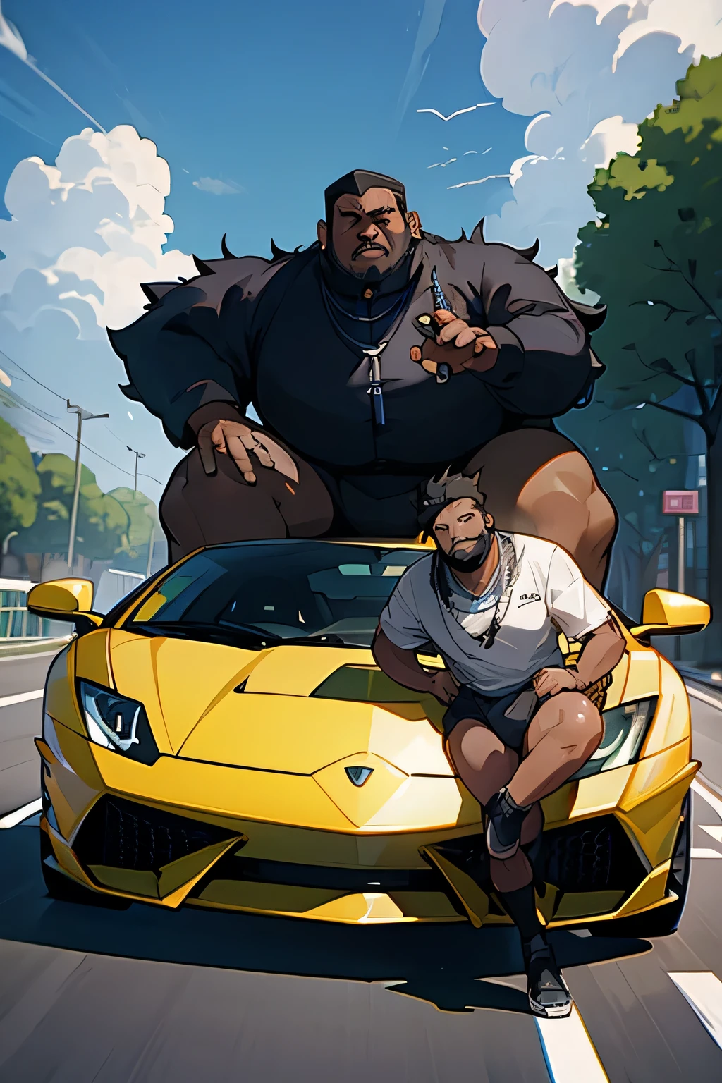 black gay rapper rocking on top of a lamborghini next to an obese man in a hairy bikini, estilo anime