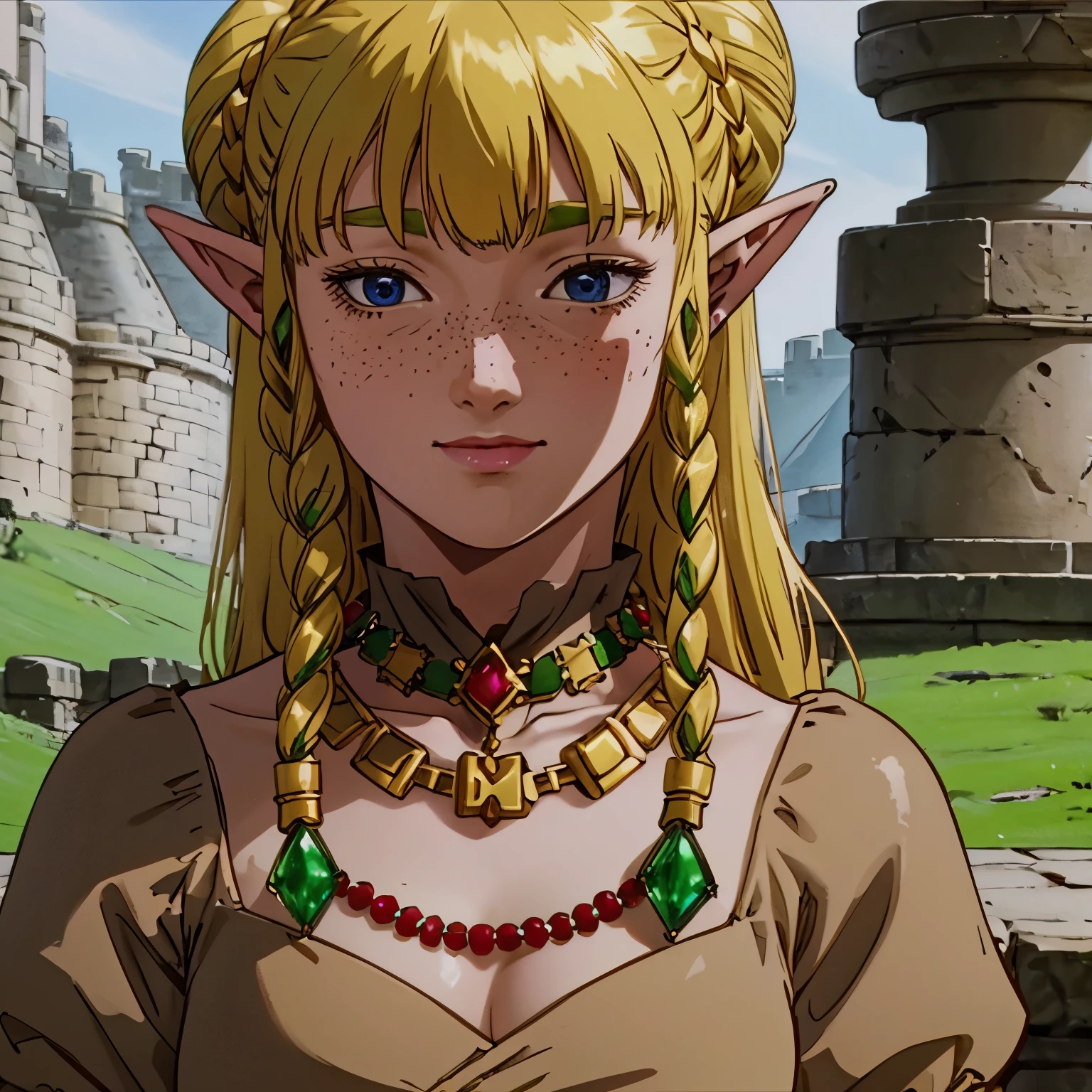 a beautiful blonde woman with elf ears and freckles with braids and A gold necklace with large green emeralds and a giant red Ruby in the center