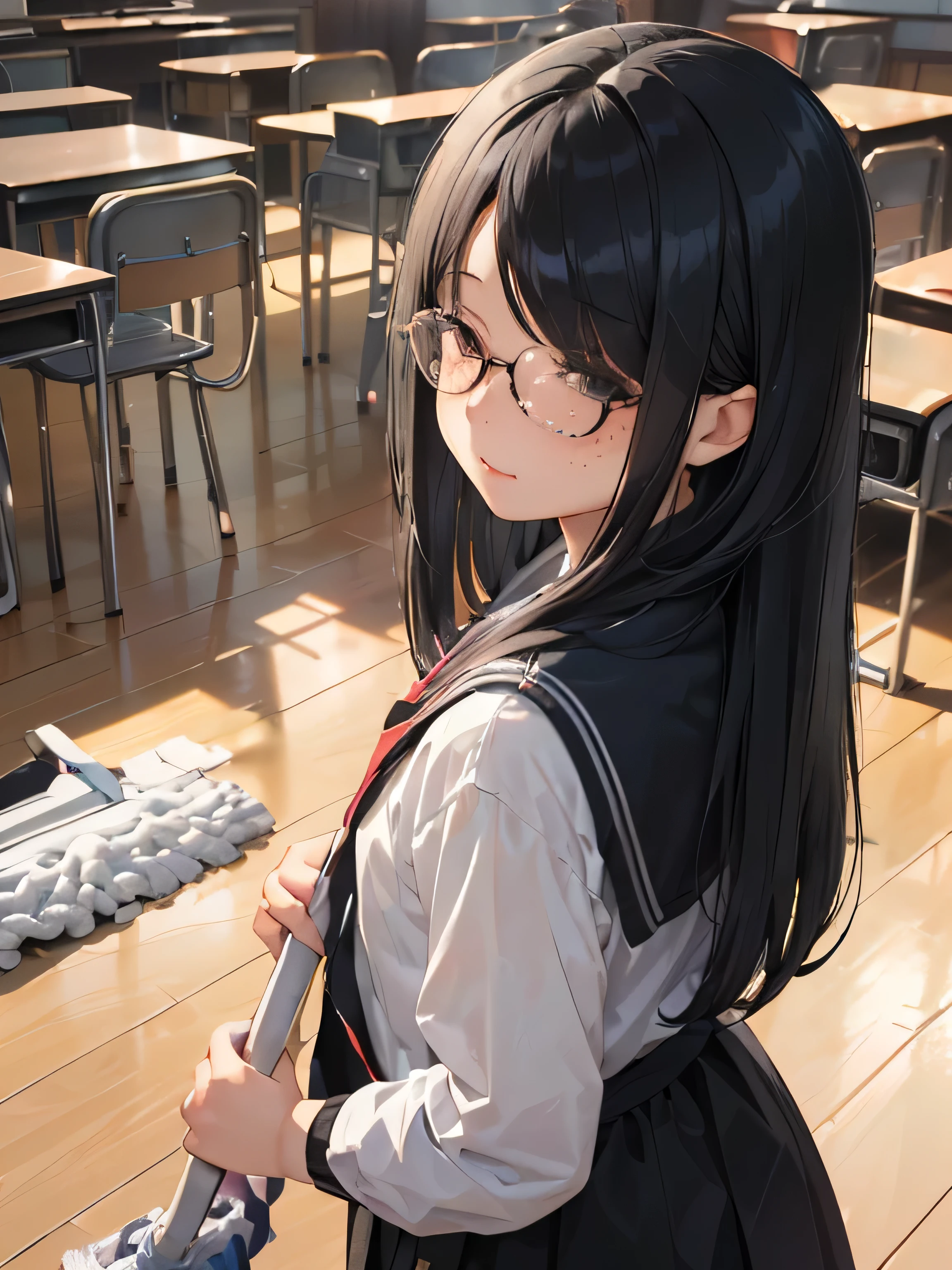 (((1 girl)))(((classroom、立ち上がってモップで床をclean:1.3、両手でWith mop:1.2)))、、Middle schooade、sailor suit、black tights、student bag、、low length、(((((long bangs hide the eyes:1.5)))))、((freckles))、((((long black hair:1.2)))) (((hair band)))(((black rim glasses:1.2 black eye)))、clean、(((Are standing、With mop、mop the floor 1.3)))looking here、Upper body、think back
