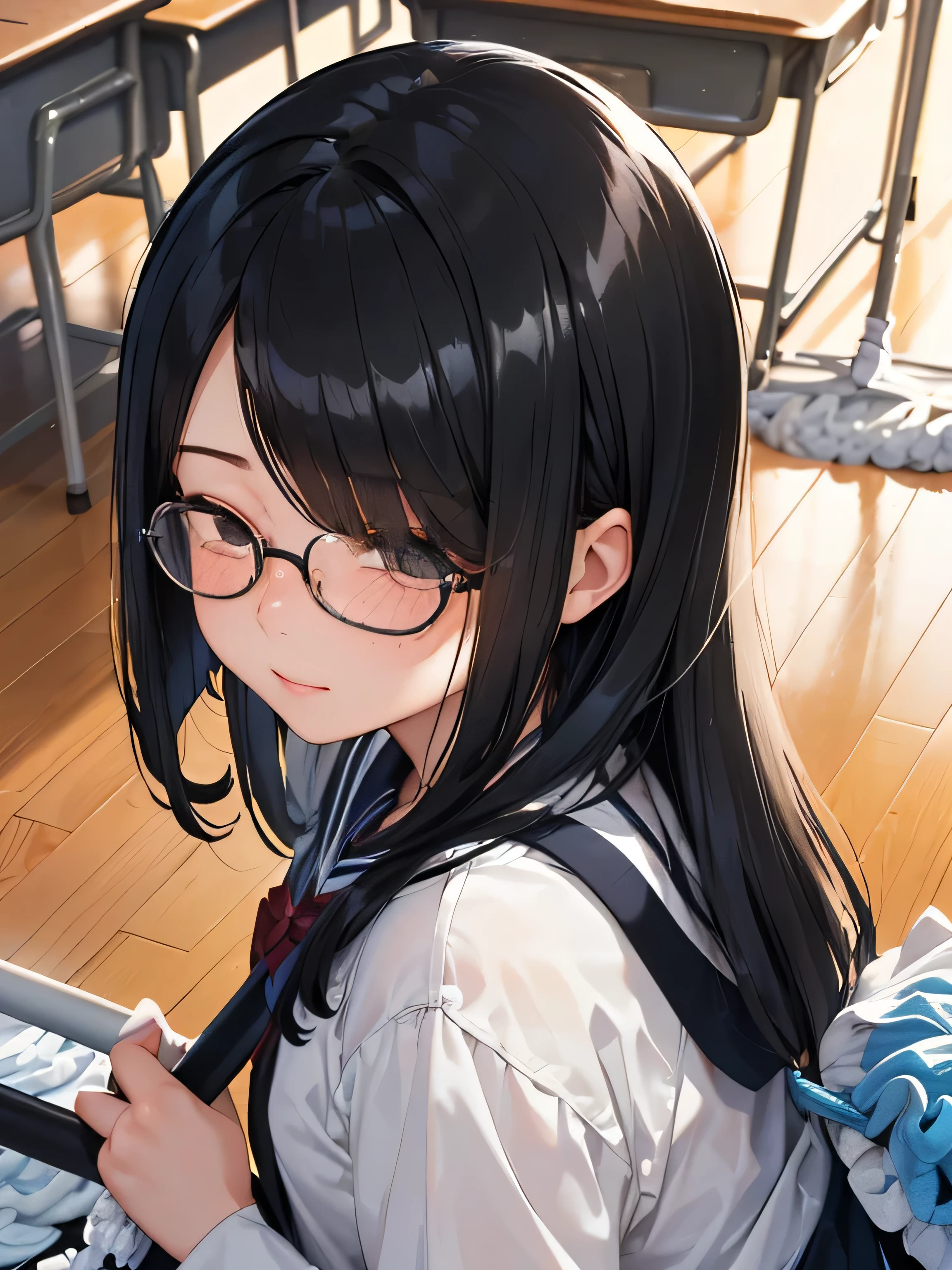 (((1 girl)))(((classroom、立ち上がってモップで床をclean:1.3、両手でWith mop:1.2)))、13 years old、Middle school students２grade、sailor suit、black tights、student bag、、low length、(((((long bangs hide the eyes:1.5)))))、((freckles))、((((long black hair:1.2))))　(((hair band)))(((black rim glasses:1.2　black eye)))、clean、(((Are standing、With mop、mop the floor 1.3)))looking here、Upper body、think back