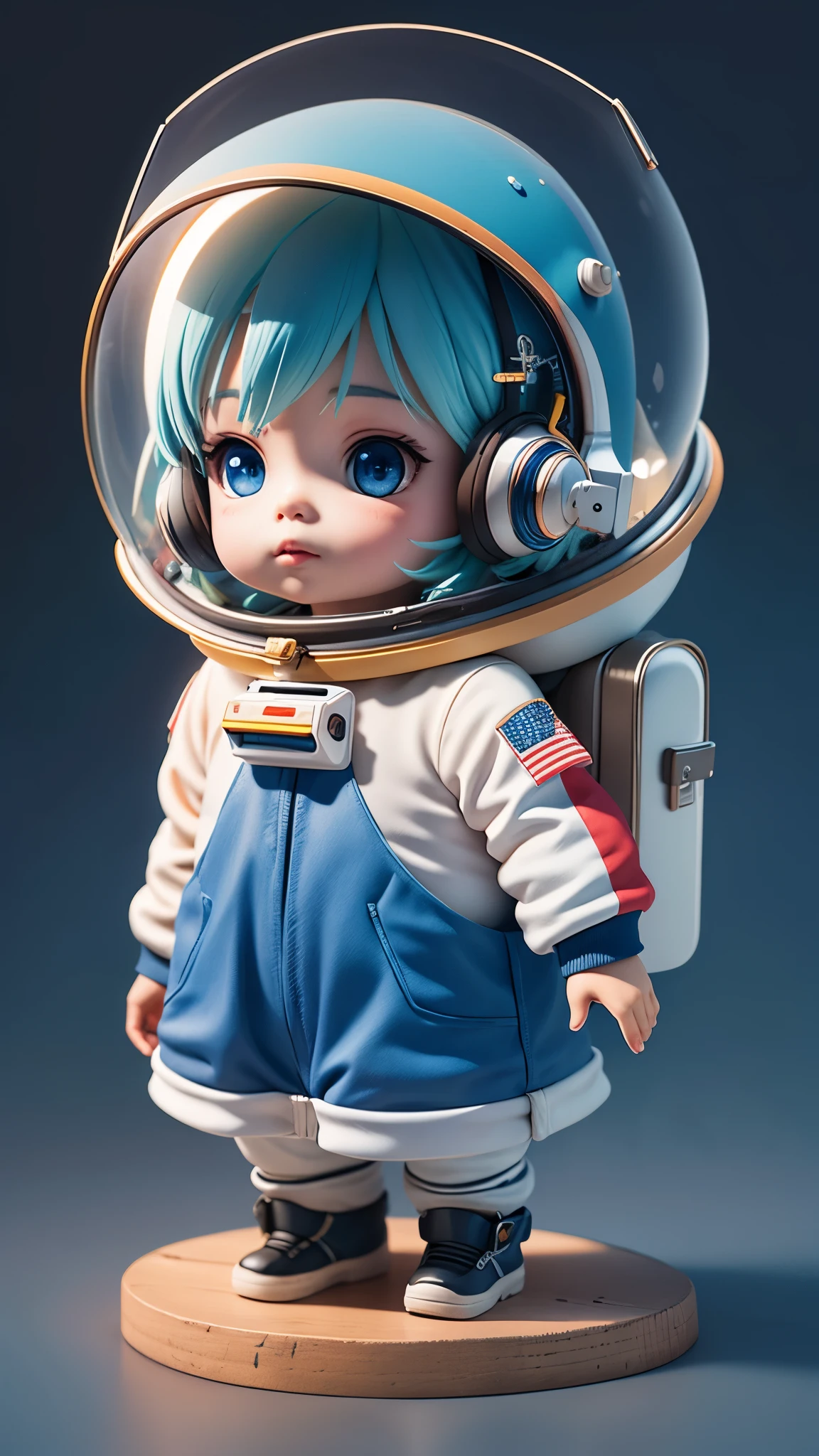 There is a little doll with helmet and helmet, Lovely 3D rendering, little astronaut looking up, Portrait anime space cadet boy,blue spacesuit,floating in space, Cute 3d anime boy rendering, Lovely and detailed digital art, Male explorer mini cute boy, 3D rendering stylization, 3D rendering character art 8k, Lovely numbers, Anime style 3D, Ultra-detailed rendering