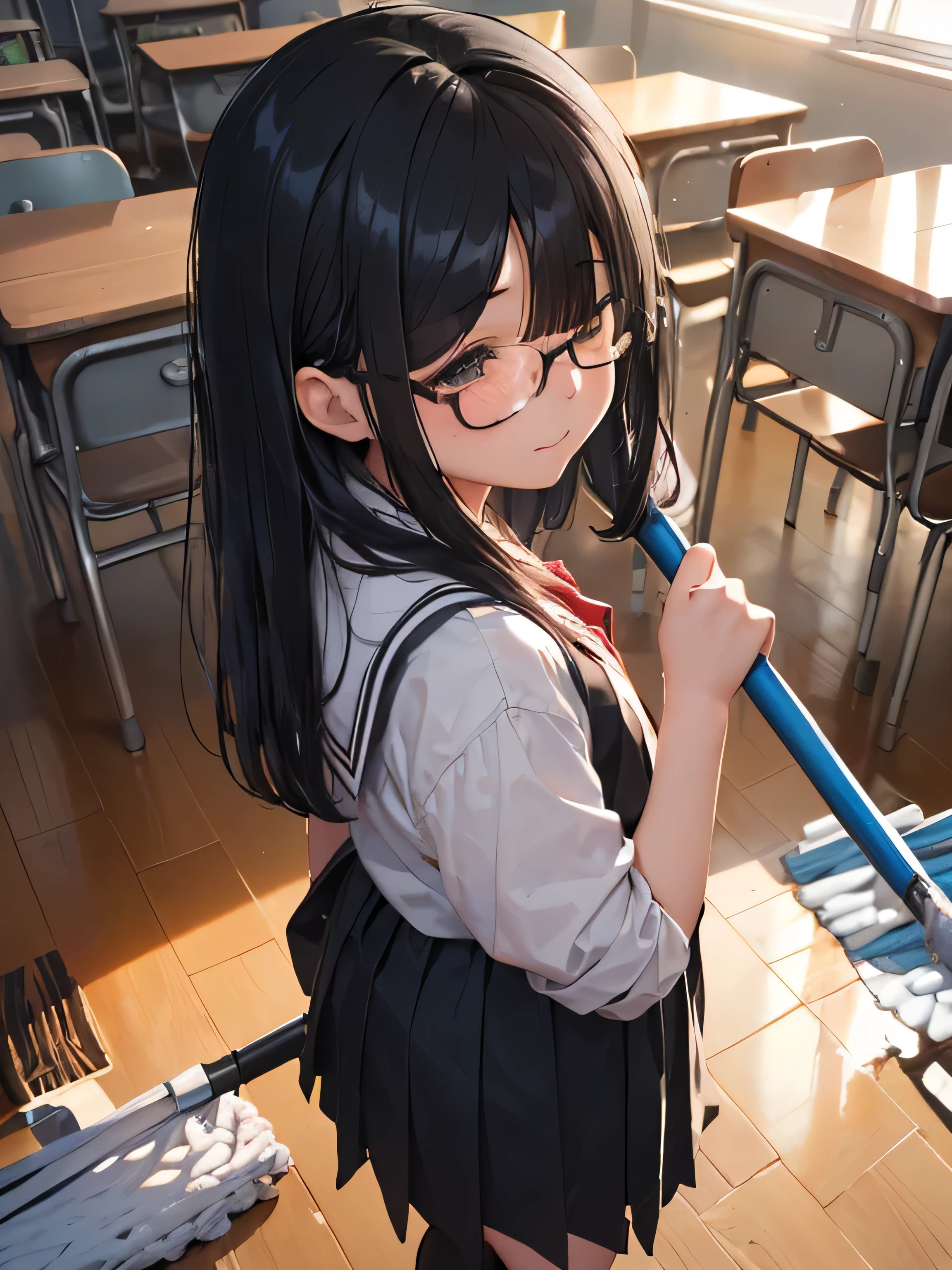 (((1 girl)))(((classroom、立ち上がってモップで床をclean:1.3、両手でWith mop:1.2)))、13 years old、Middle school students2grade、sailor suit、black tights、student bag、、low length、(((((long bangs hide the eyes:1.5)))))、((freckles))、((((long black hair:1.2)))) (((hair band)))(((black rim glasses:1.2 black eye)))、clean、(((Are standing、With mop、mop the floor 1.3)))looking here、Upper body、think back