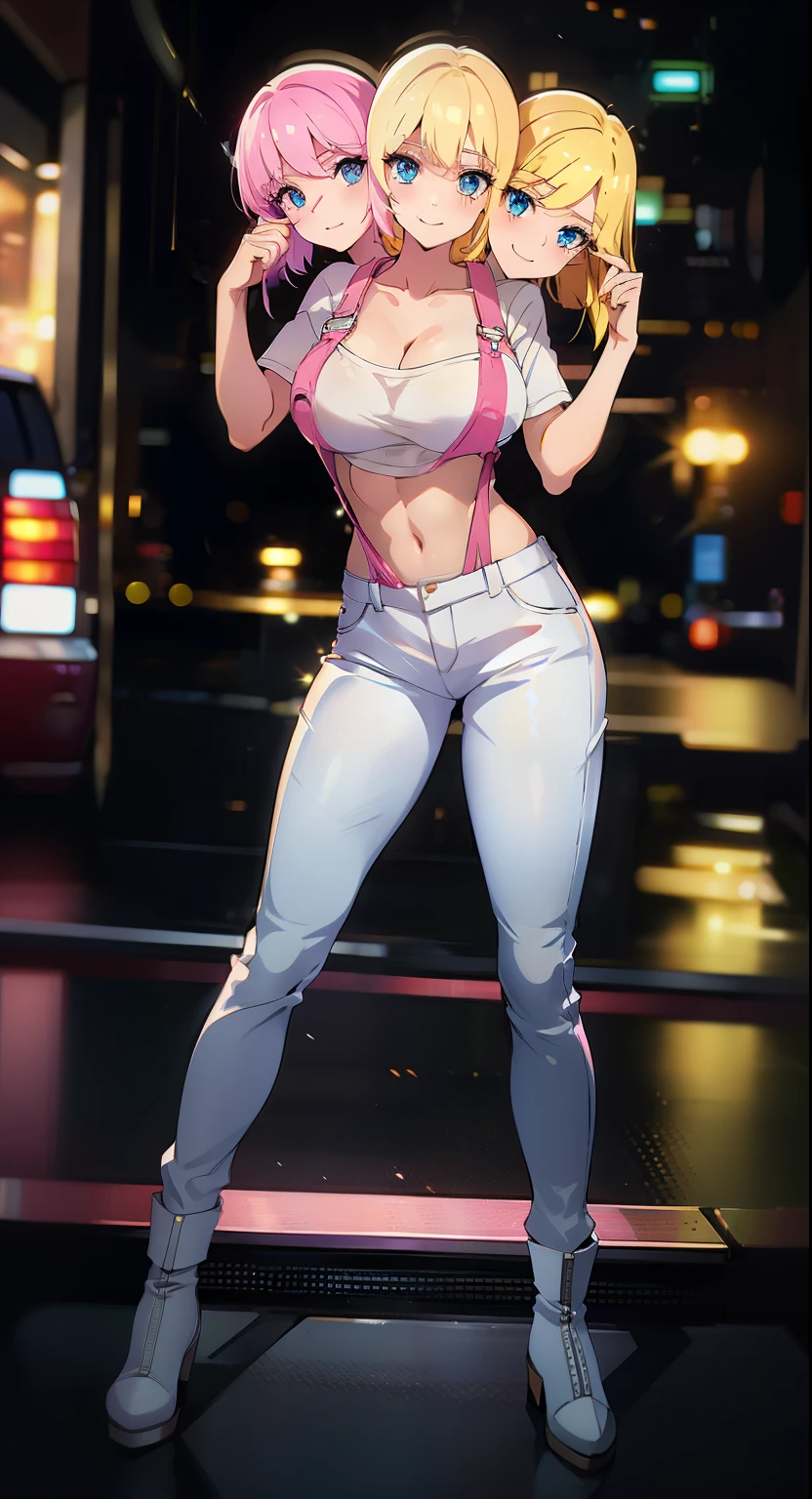 best quality, (masterpiece),(ultra-detailed), (high quality), (high resolution), (2heads:1.5) (blonde hair), cleavage, ((white t shirt)), ((pink overalls)),best quality:1.5, highres, UHD, 4K), smiling, white boots with pink patterns, ((detailed glowing blue eyes)), (mature woman),((white pants)), sexy proportions, Beautiful girl with accentuated slender abs, long legs, seductive woman, lustrous and smooth skin, cyberpunk city background, ((night time)) gyaru