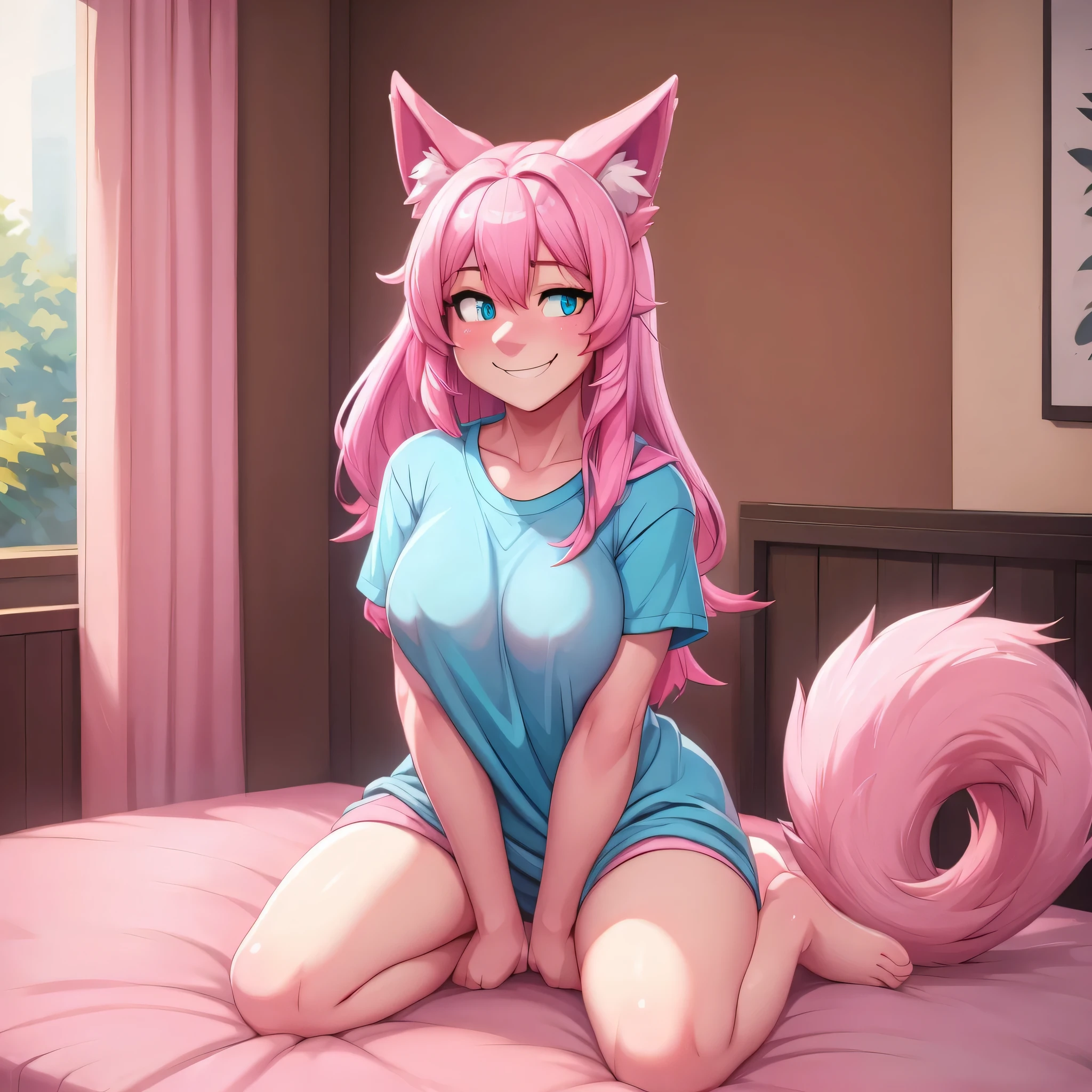 (Masterpiece) (High Detail) (High Res) A close up of a short cute humanoid girl with pale skin and turquoise eyes and long pink hair and pink dog ears and a big fluffy pink dog tail and average breasts and she is wearing only an oversized baggy t-shirt and is kneeling alone on her bed. she is smiling shyly. Pink Hair. Pink Tail. 