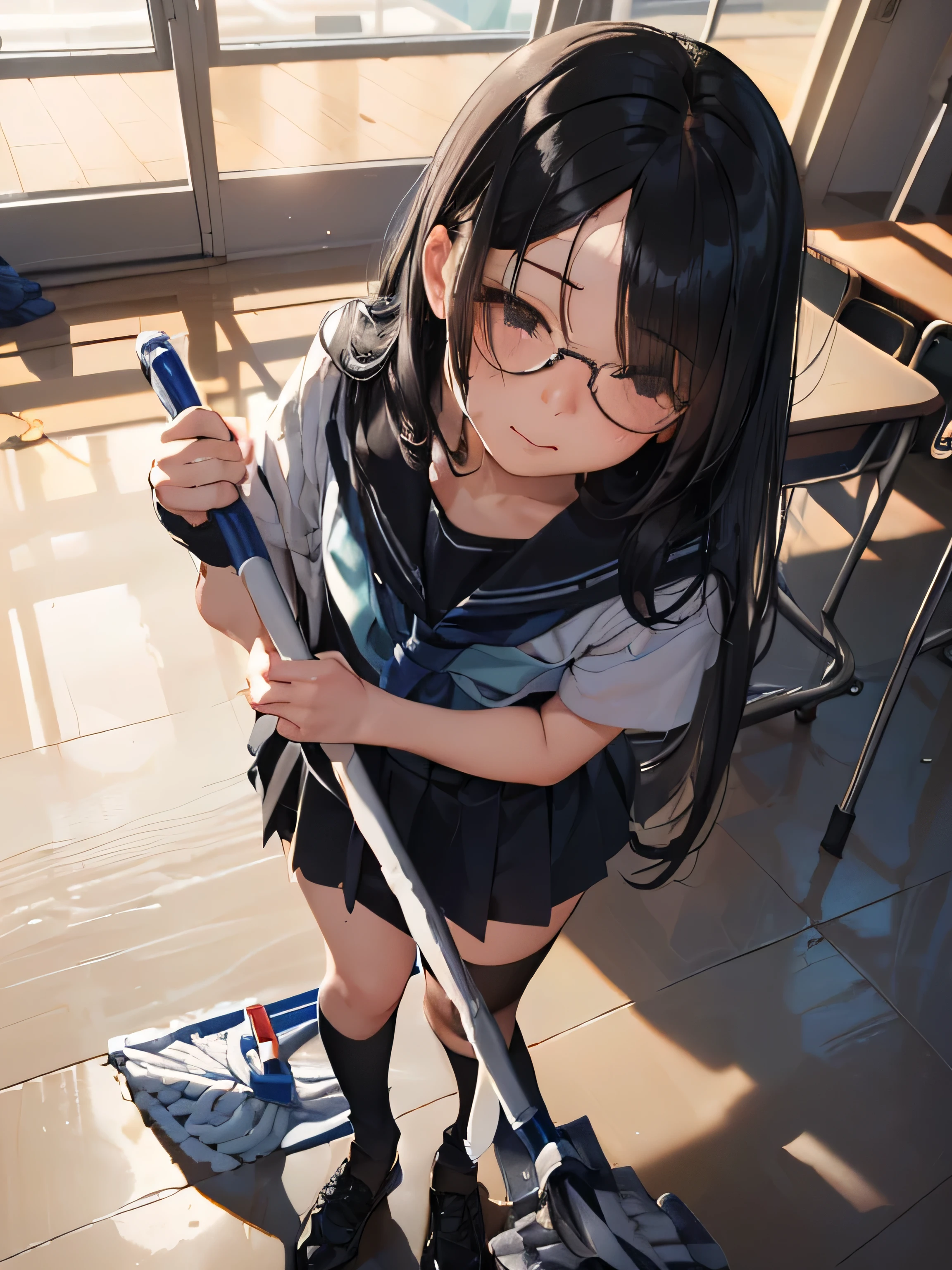 (((1 girl)))(((classroom、立ち上がってモップで床をclean:1.3、両手でWith mop:1.2)))、、Middle schooade、sailor suit、black tights、low length、(((((long bangs hide the eyes:1.5)))))、((freckles))、((((long black hair:1.2)))) (((hair band)))(((black rim glasses:1.2 black eye)))、clean、(((Are standing、With mop、wipe the floor with a mop: 1.3)))Upper body、think back、((from below:1.1))