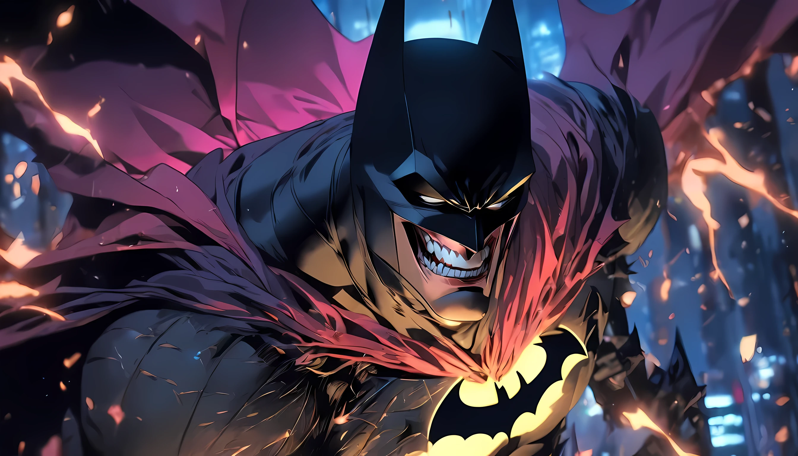 batman was got bitten by a dracula on his neck, pain expression, blood splash, colorful lightning, simple background, standing pose, bitten from behind, standing, best quality, ultra quality, absurd details, best light, best shadow, sharp, sharp picture, detailed face, detailed eyes, detailed hair, detailed, extremely detailed, great resolution, 8k, 4k, uhd, ray tracing, beautiful effects, image of (full body)