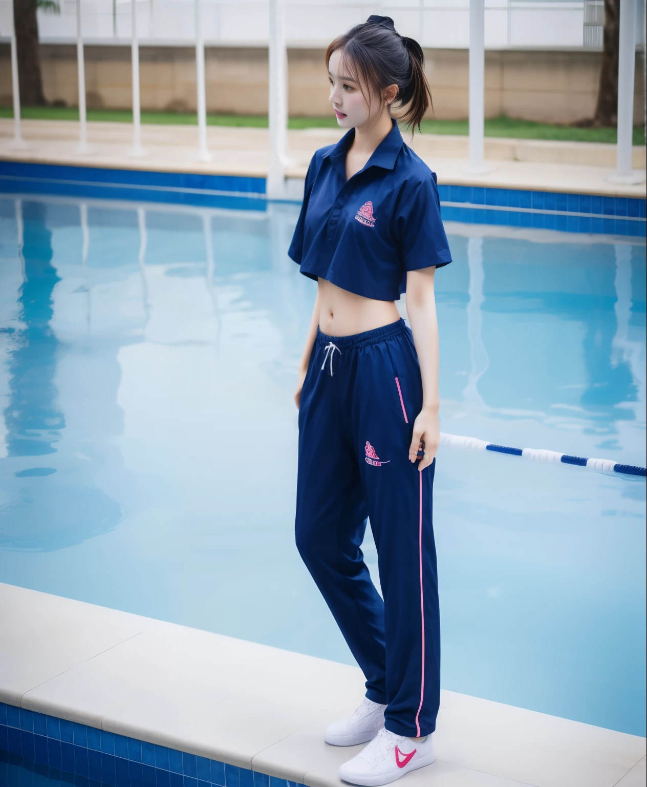 3 girls in the swimming pool, black underwear,Navy Long Trackpant,Sweatpants, Sweatpantsขายาว,25 year old girl, lesbian, sexy, exercise clothes, wet body