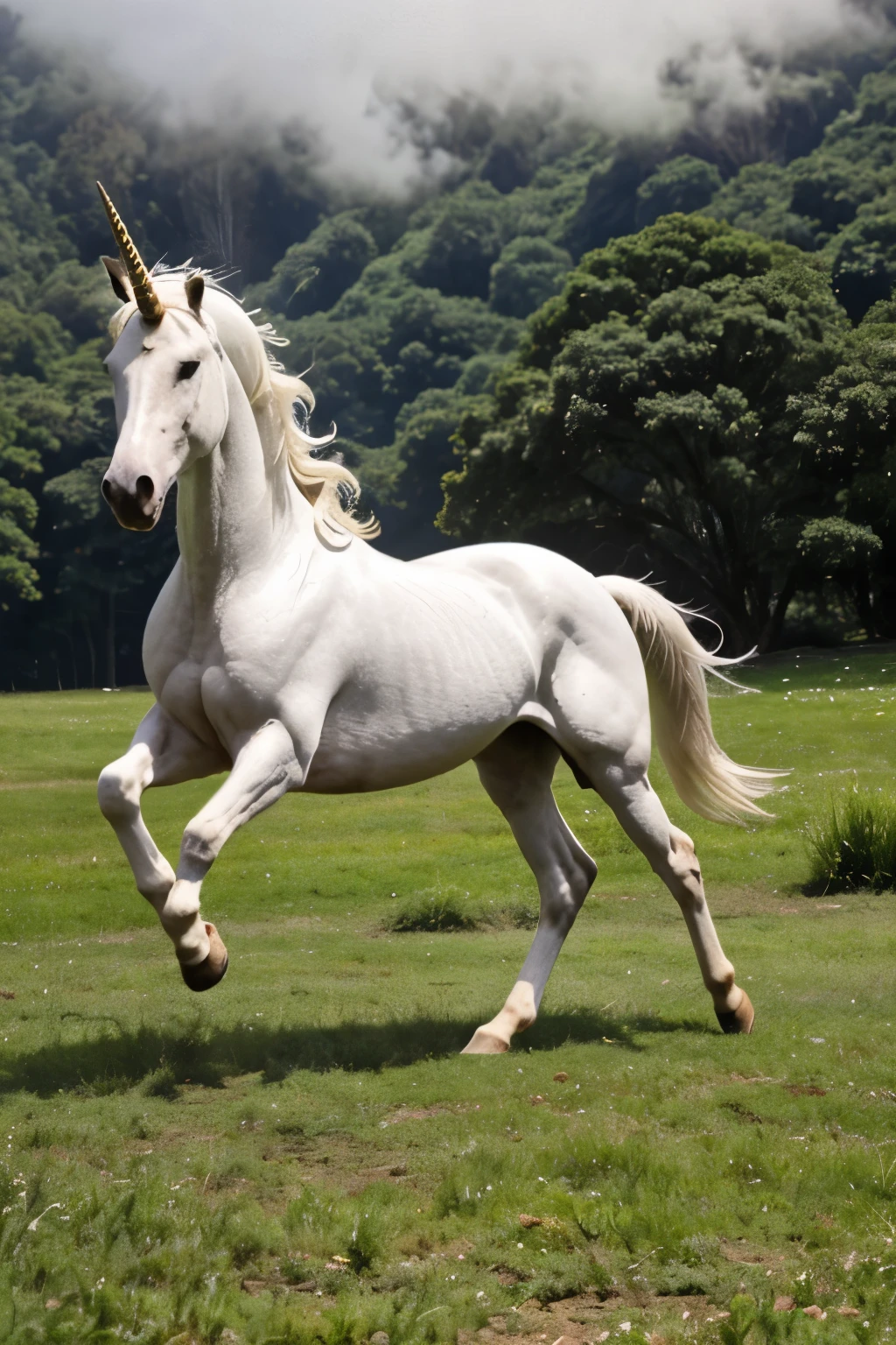 1unicorn、wild animals、beautiful white horse body、anatomically correct、Being in the forest、There are ancient ruins、There is a spring、deep fog