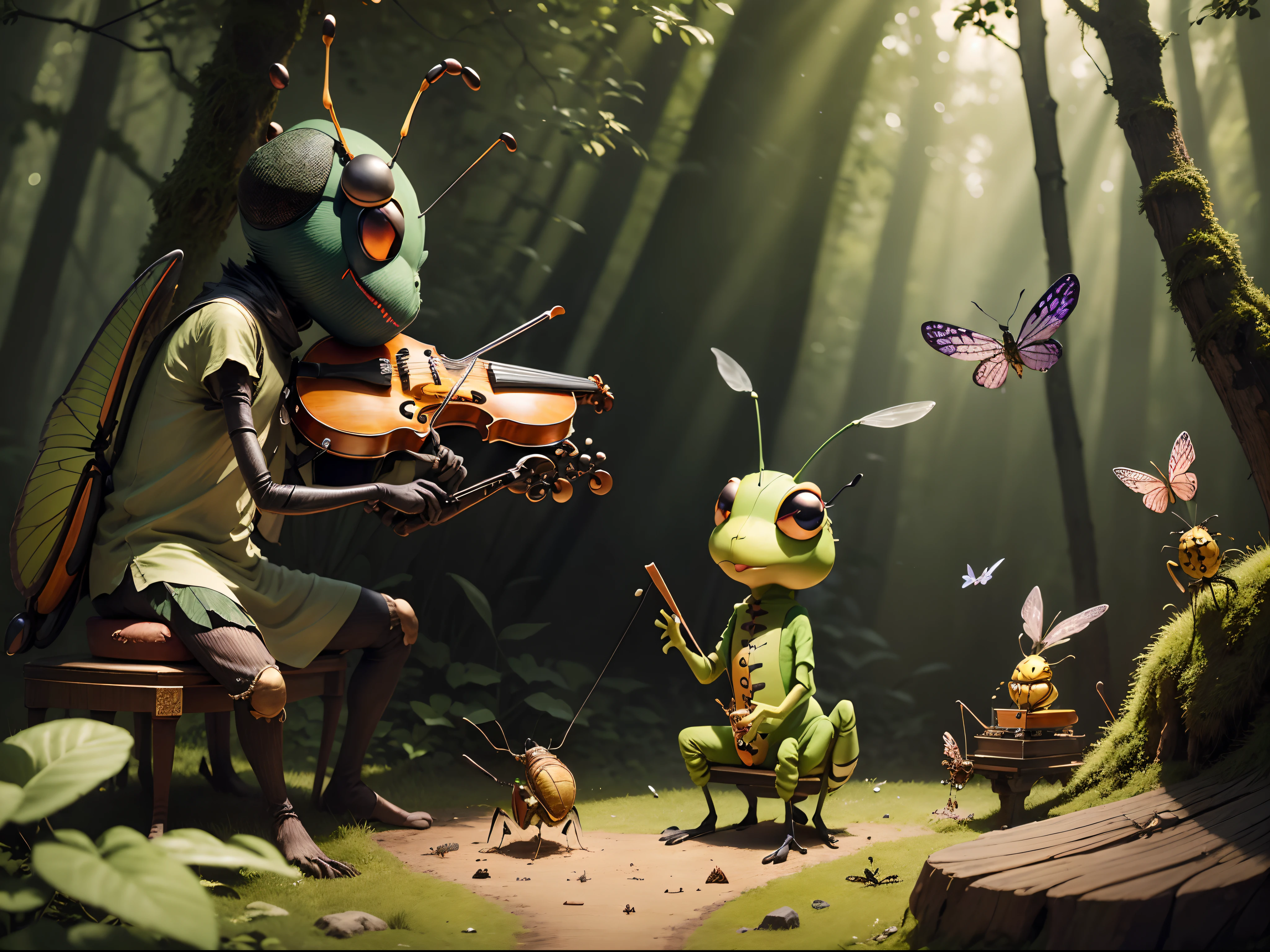 (melhor qualidade:1.2),8k,detalhes cuidadosos,extremamente detalhado,Maximum resolution,(Orquestra de Insetos:1.2), Na floresta, sentado em um toco, Banda, Suzumu tocando violino、Flauta, piano, Insetos tocando instrumentos musicais, score, melodic, Gafanhoto Condutor, borboleta, SUI, Verme do sino, cricket, sapo,(Anthropomorphic insect:1.5)