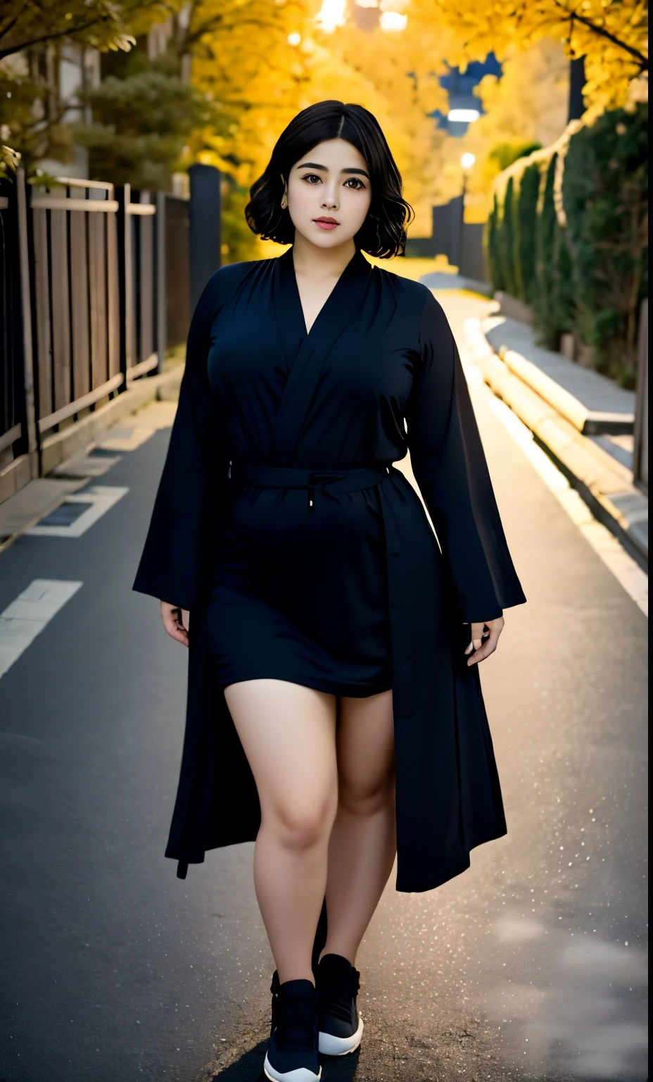 arafed woman in a black-blue dress outfit Stand on a sidewalk, wave short haircut, thicc, , korean woman, wearing black robe, asian woman, bbwchan, photograph of a techwear woman, hijab, wearing a black robe, woman in black robes, random pose, wearing dark-blue robe, asian women, korean girl, red sneakers, chubby cheeks. Full body, , 45 years old, thick body, beautiful thick female, wide hips, thick legs, she has a jiggly fat round belly, thick thighs, curvy hourglass figure, thicc, curvy model, widest hips, hyperrealistic full figure, bbwchan, voluptuous body, thick, , hena on arm, hena in belly, , muslim clothes, 45 years woman. , chubby cheeks, Body height 175 cm.