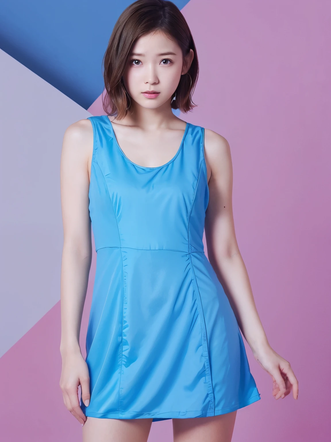Pretty girl, Perfect figure in tight mini blue dress, Short hair, crying face, medium breasts⁩, a little messy hair, stand next to a pink wall, Direct sunlight, High resolution, Photorealistic