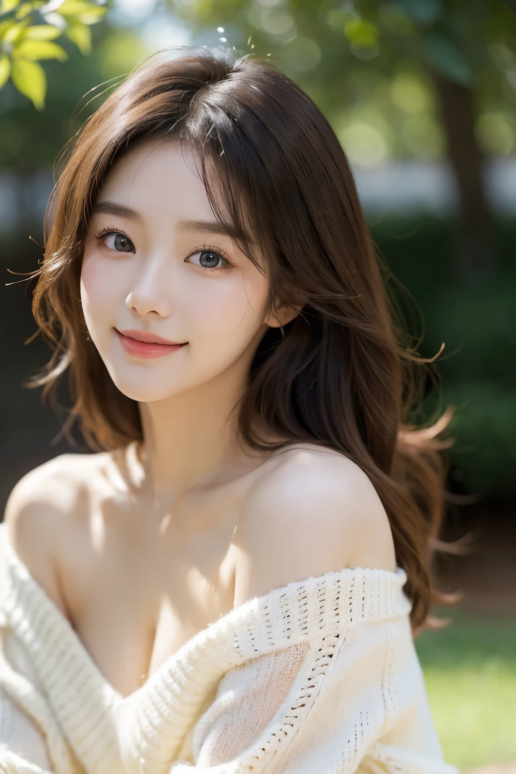 A pure and sweet Korean girl, her skin is flawless and white, her eyes are captivating and deep, her face is exquisitely beautiful. Her lips curve into a charming smile, revealing a delightful grin. Her brown hair is naturally curly and soft, cascading over her shoulders. She wears a white sweater with a cut-out design, revealing a hint of her chest, adding to her allure. The bright sunshine illuminates her, bathing her in a golden glow. The background is柔和自然, blending her into nature. This is a vibrant and warm portrait.