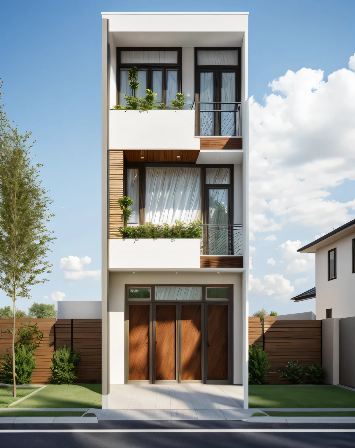 Exterior of house, (canopy in house roof:1.2), Mable decorations, (a road in front of house:1.3), tree, sky, cloud, morning weather.