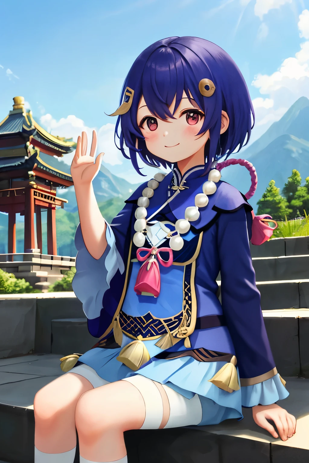 Qiqi De, whole body, sitting, Smile, blush, outdoor, sky, simple background, blue sky空, short hair, sky空, temple, looking at the audience, sitting on stairs, Mountain, moody lighting,