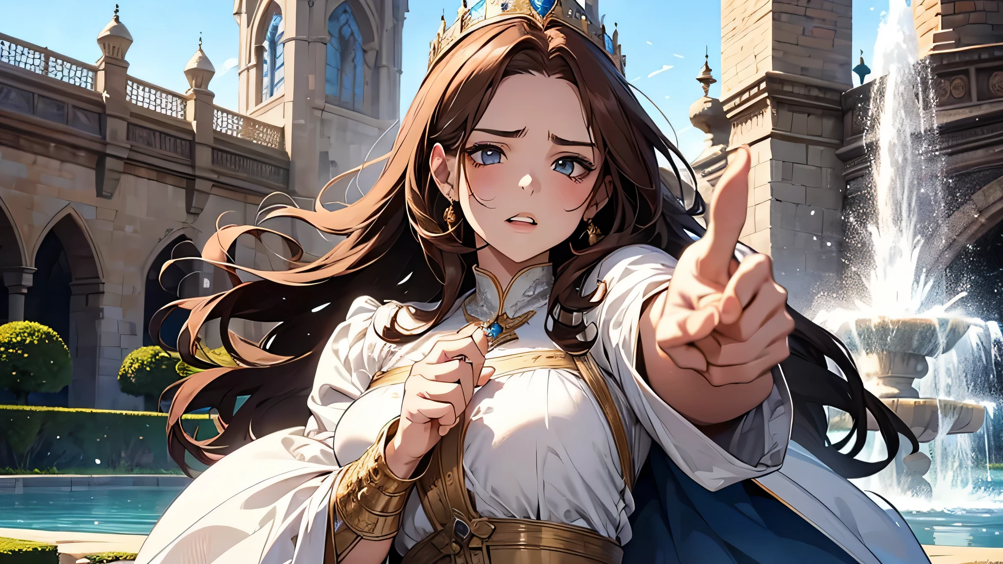 1girl, solo, beautiful face, plump lips, detailed face, face full of anger, expressive, medieval times, wearing white gown, thick brown hair, in a fountain, blue sky, finger pointing at viewer