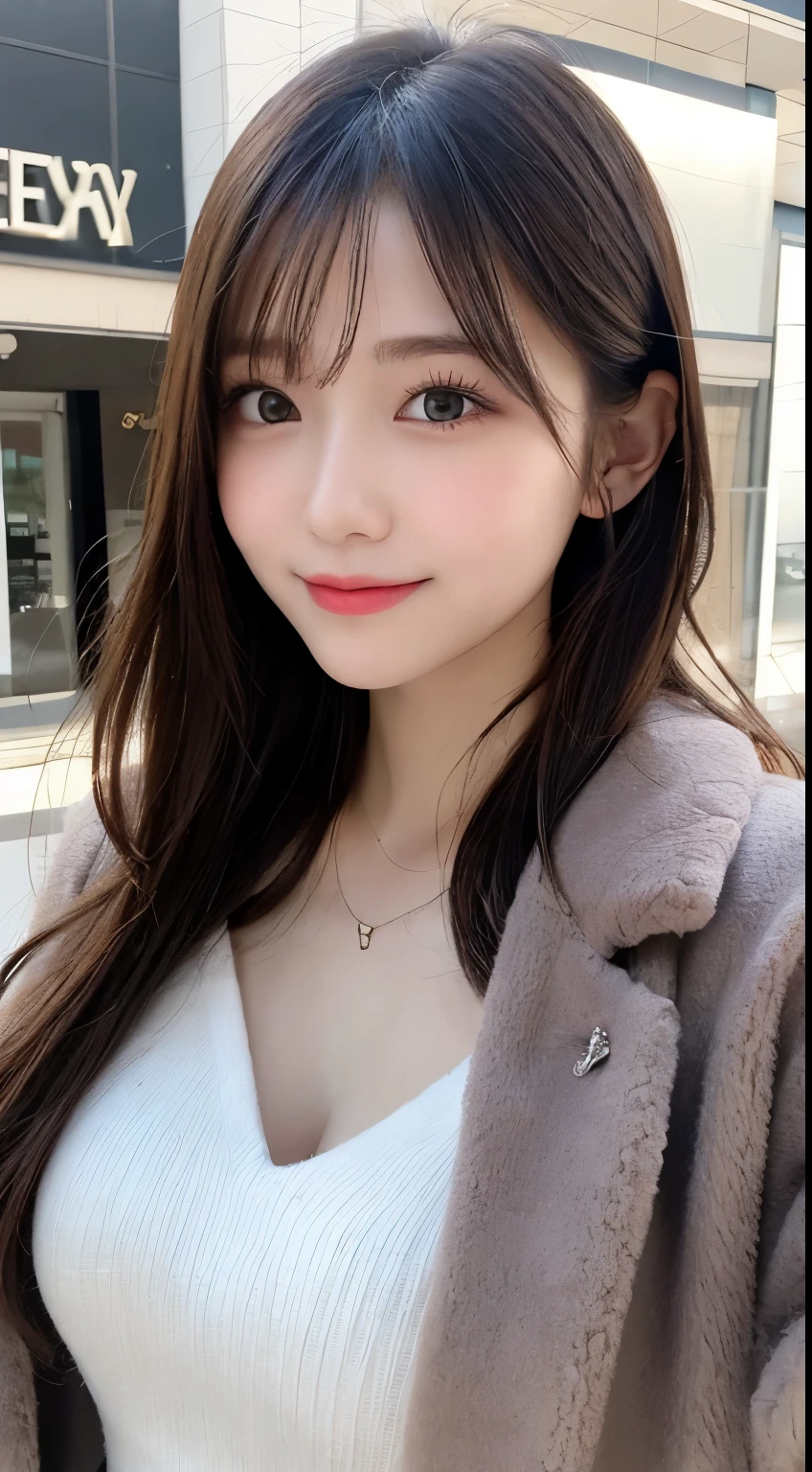 table top, highest quality, shape, Super detailed, finely, High resolution, 8k wallpaper, 完璧なダイナミックな構shape, beautiful and detailed eyes, Tokyo trend winter fashion(dress), small breasts, natural color lip, random sexy pose,cute smile、20 year old girl、beautiful and detailed face、perfect and beautiful face,Big eyes、Wearing a fluffy black luxury mink coat、beautiful detailed face、perfect and beautiful double eyelids、blur background、perfect and beautiful face、bright look、straight hair、Raise your chin and look up、Take a picture of a sideways face
