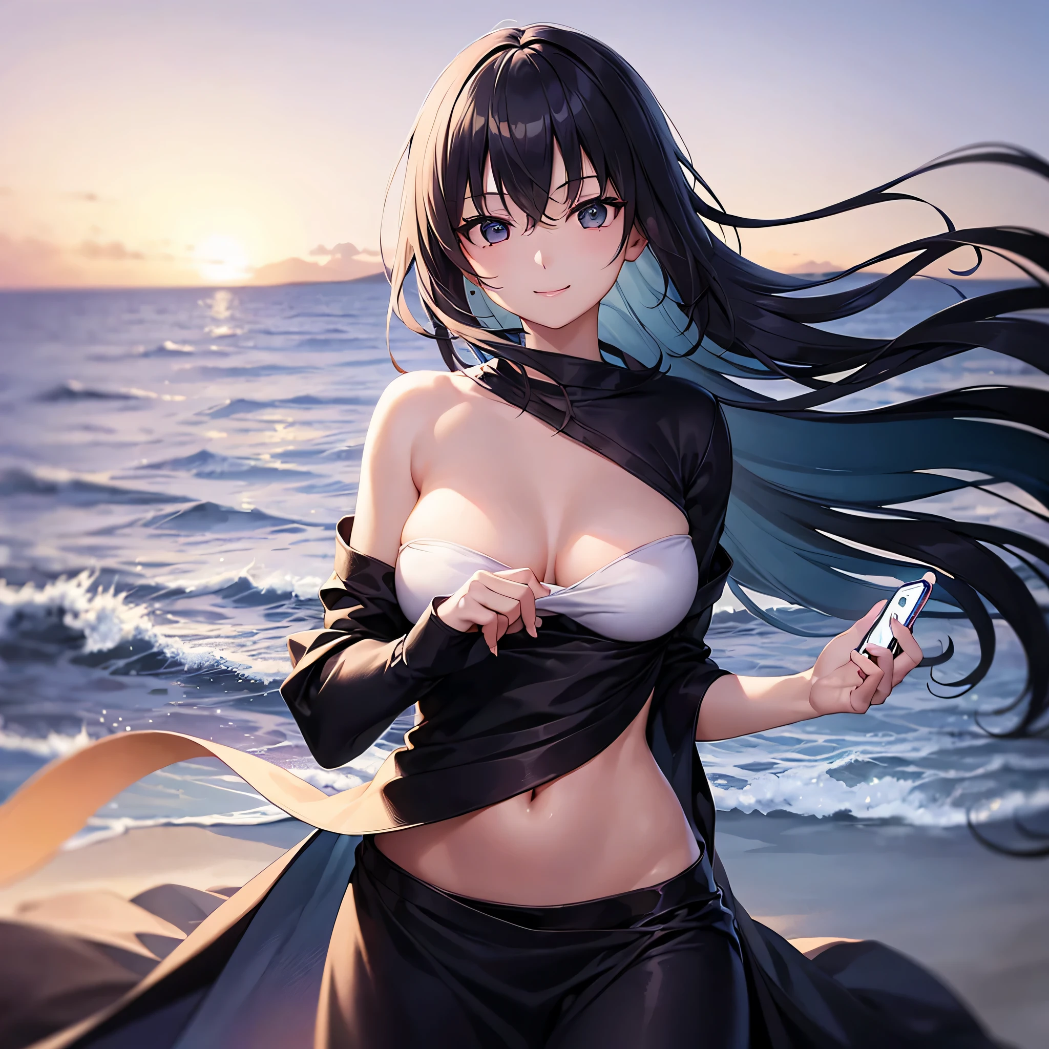 One lady、((best qualtiy、8k masterpieces:1.3))、foco nítido:1.2、(ultra beautiful faces:1.0)、(shinny skin:1.0)、photos realistic、A dark-haired、Video Lighting、High-definition eyes and face、Video Lighting、(Korean Cute Actress)、from the front side、medium breasts、Smile、Slender Abs Beauty、Whole body、wearing t-shirts、On the beach at night