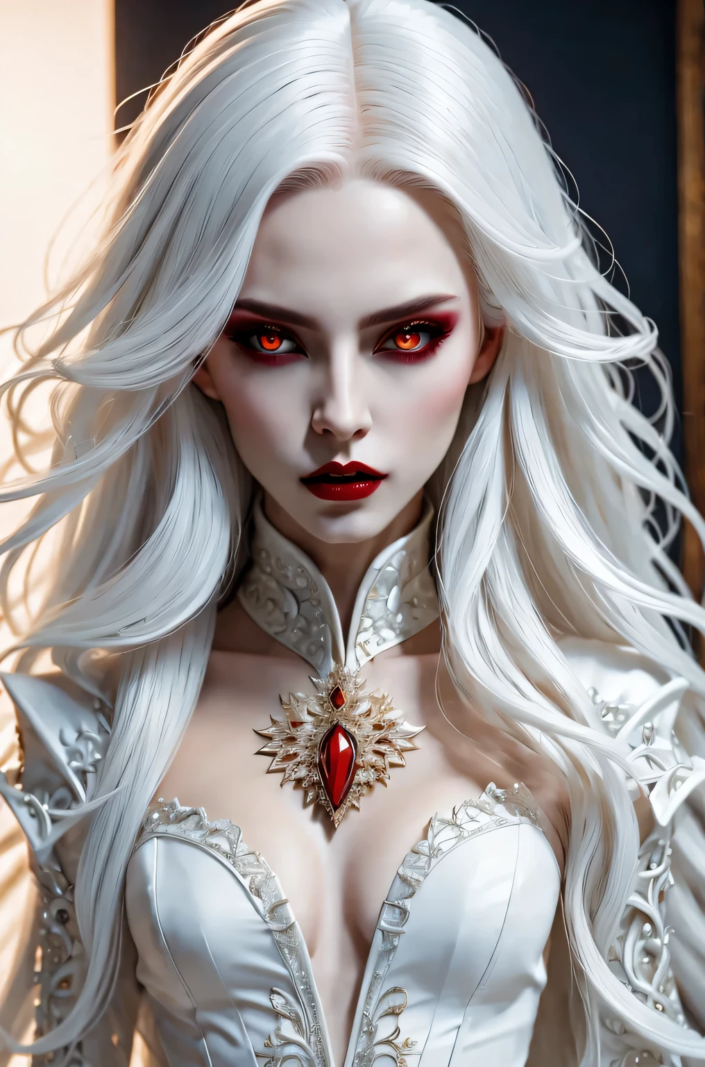 A terrifying and beautiful vampire, portrait photo, long white hair, Beautiful red lips, complicated eye roll, like a dream, ethereal, Cover the navel,Popular topics on Artstation, white luxury suit, BalenciagaStyle, Royal background，sharp focus，soft light, (best quality,4K,8k,high resolution,masterpiece:1.2),super detailed,(actual,photoactual,photo-actual:1.37)