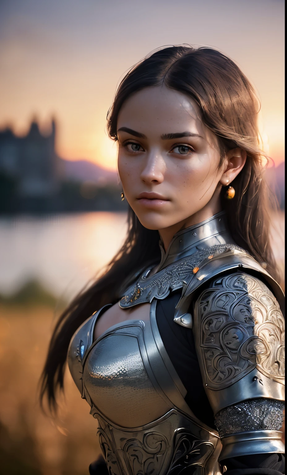 (masterpiece), (extremely intricate:1.3), (realistic), portrait of a girl, the most beautiful in the world, (medieval armor), metal reflections, upper body, outdoors, intense sunlight, far away castle, professional photograph of a stunning woman detailed, sharp focus, dramatic, award winning, cinematic lighting, octane render unreal engine, volumetrics dtx, (film grain, blurry background, blurry foreground, bokeh, depth of field, sunset, motion blur:1.3), chainmail