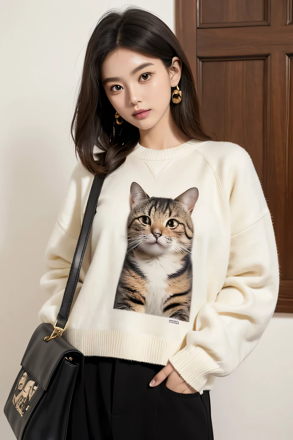 araffe girl with a bag and a sweater with a cat on it, Images inspired by Kim Jeong-hui, Instagram, realism, light brown, intarsia, sweater, ( Ivory black ), Designed for comfort and beauty!, detailed picture, 2 0 2 0 fashion, 5.6, and 2K, Millennium bug, Available images