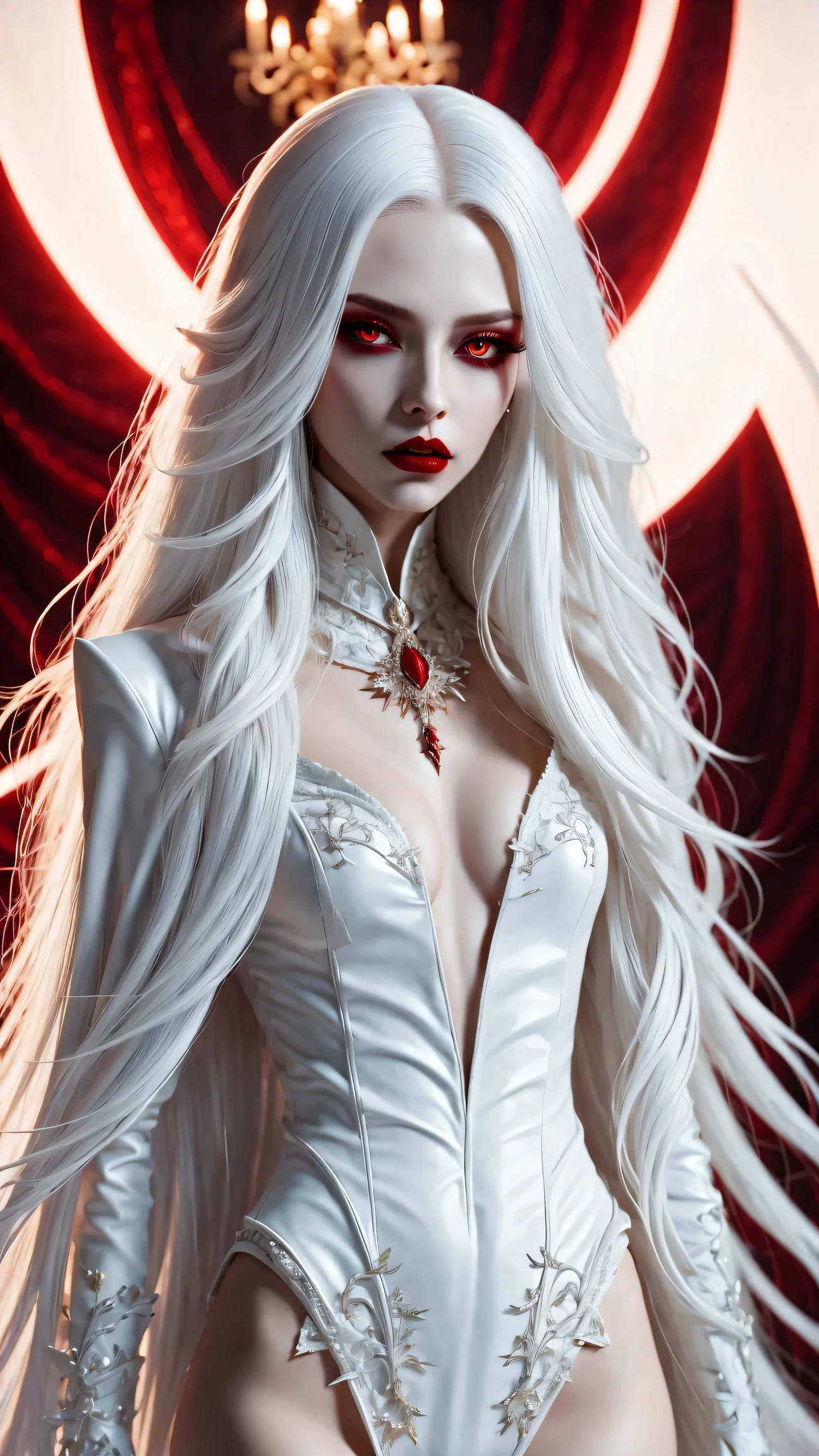 A terrifying and beautiful vampire, long white hair, Beautiful red lips, complicated eye roll, like a dream, ethereal, belly button,Popular topics on Artstation, white luxury suit, BalenciagaStyle, Royal background，sharp focus，soft light, (best quality,4K,8k,high resolution,masterpiece:1.2),super detailed,(actual,photoactual,photo-actual:1.37)