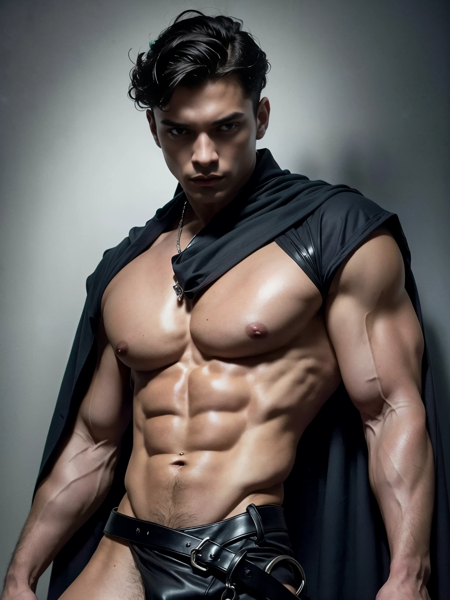Photorealistic, ((best quality)), ((masterpiece)), (detailed), masculine portrait of young vampire, 18-year-old male models, handsome, tall, cute looking, evil look, dark look, powerful, young male, handsome model, clean shave, silver eyes, white pale skin, short curly messy brown hair, messy curly hair, short hair, super strong, muscular, fit, massive muscles, six pack, shirtless, barechested, half-naked, topless, muscle, ripped, strong body, fit body, great chest, amazing arms, evil fangs:, 18th century clothes, dark castle baCKGROUND, Dark background:, 8k, high detailed, ultra-detailed, Stylish Pose, real skin texture, dark cinematic lighting
