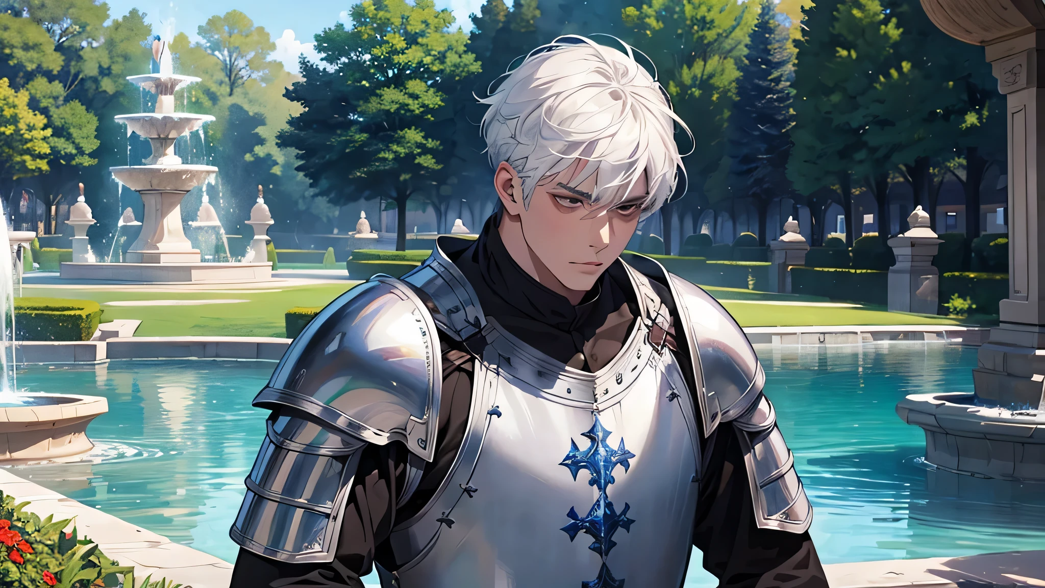 handsome man, white hair, in a water fountain, park, blue sky, medieval times, knight, confused face, detailed face, plump lips, upset face