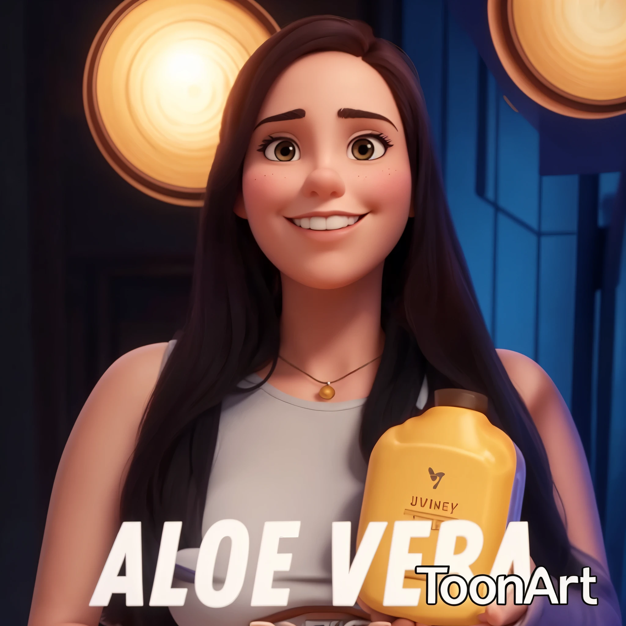 Jovem de 30 anos, Juliane Rodrigues Cavalcante Macedo, successful businesswoman holding her product in her hands. Transforme em personagem Pixar Disney. Alta qualidade.
