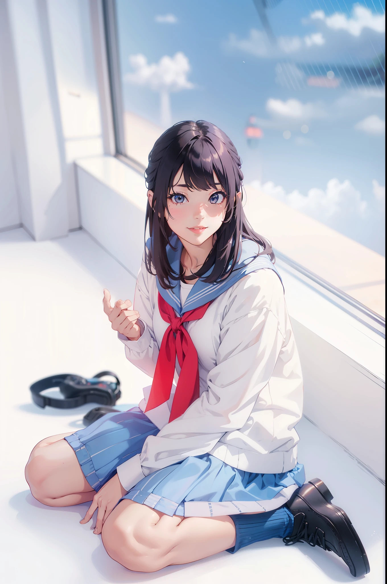 (extremely detailed CG unity 8k wallpaper), (masterpiece), (best quality), (ultra-detailed), (best illustration), (best shadow), (absurdres), 
BREAK
girl, medium breast, nsfw, looking at viewer, smile, セーラー服、空と雲の背景、