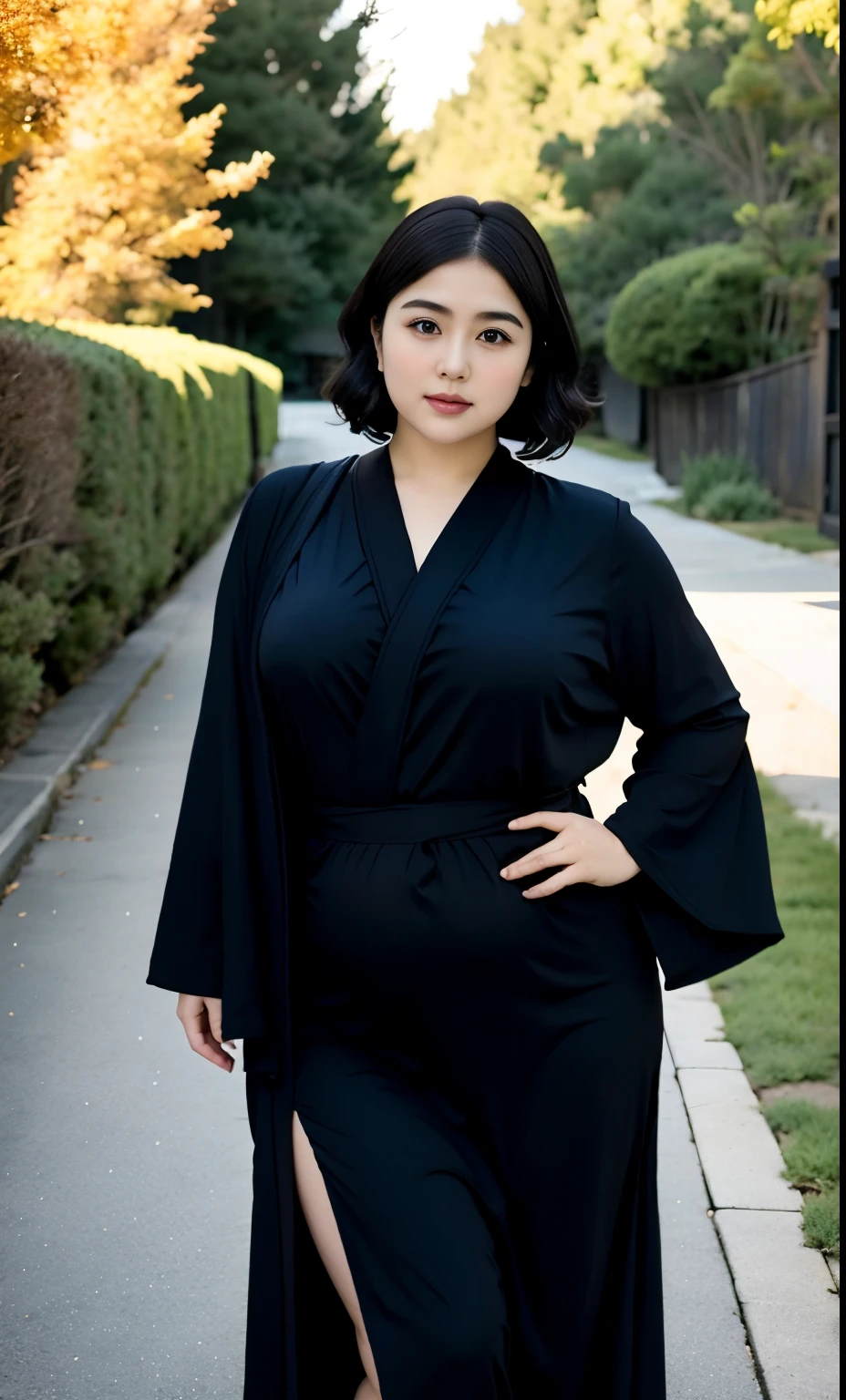 arafed woman in a black-blue dress outfit Stand on a sidewalk, wave short haircut, thicc, , korean woman, wearing black robe, asian woman, bbwchan, photograph of a techwear woman, hijab, wearing a black robe, woman in black robes, random pose, wearing dark-blue robe, asian women, korean girl, red sneakers, chubby cheeks. Full body, , 45 years old, thick body, beautiful thick female, wide hips, thick legs, she has a jiggly fat round belly, thick thighs, curvy hourglass figure, thicc, curvy model, widest hips, hyperrealistic full figure, bbwchan, voluptuous body, thick, , hena on arm, hena in belly, , muslim clothes, 45 years woman. , chubby cheeks, Body height 175 cm.