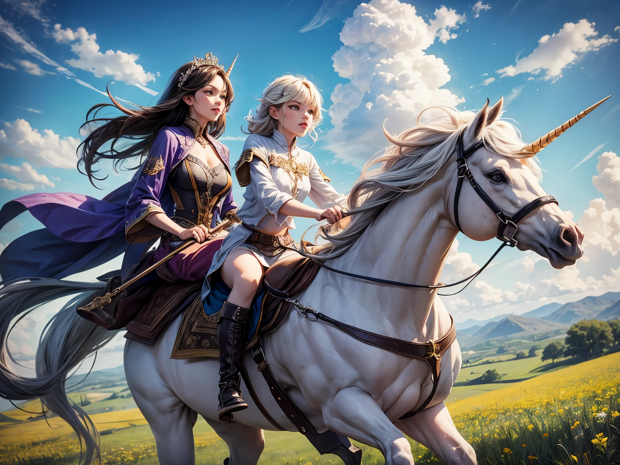 A beautiful girl riding a unicorn runs through the sky、The sky above the beautiful countryside、fantasy world、