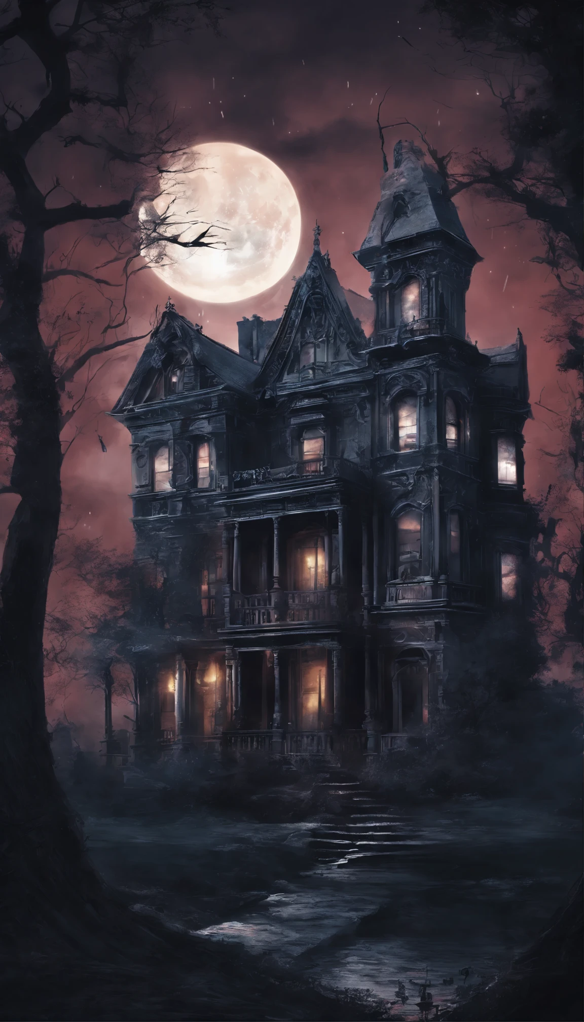 (melhor qualidade,4k,8k,high resolution,obra de arte:1.2),ultra-detalhado,(realista,photorealista,photo-realista:1.37),morcego bonito assustador, Haunted Mansion, Lua cheia, atmosfera escura, gothic architecture, sombras sinistras, Arredores enevoados, Moonlight reflection, olhos intensos, batendo asas, portas rangendo, Mystical creatures, Atmosfera misteriosa, assustadoramente lindo, Mystical sky in the moonlight, ambiente encantador, morcegos voando, Aura assombrada, charme assustador, drama noturno, Victorian-style mansion, majestic presence, sinister vibes, Darkly magical, twisted tree branches, luar brilhante, Spooky elegance, feeling of abandonment, Mysterious silence, mystical atmosphere, Charme Assombrado, gloomy setting, fofura assustadora, Enchanting scenery, Frighteningly adorable bat, ghosty aura, segredos obscuros, beleza sinistra, elementos sobrenaturais, Mysterious allure, fantasia assustadora, Sinister allure.