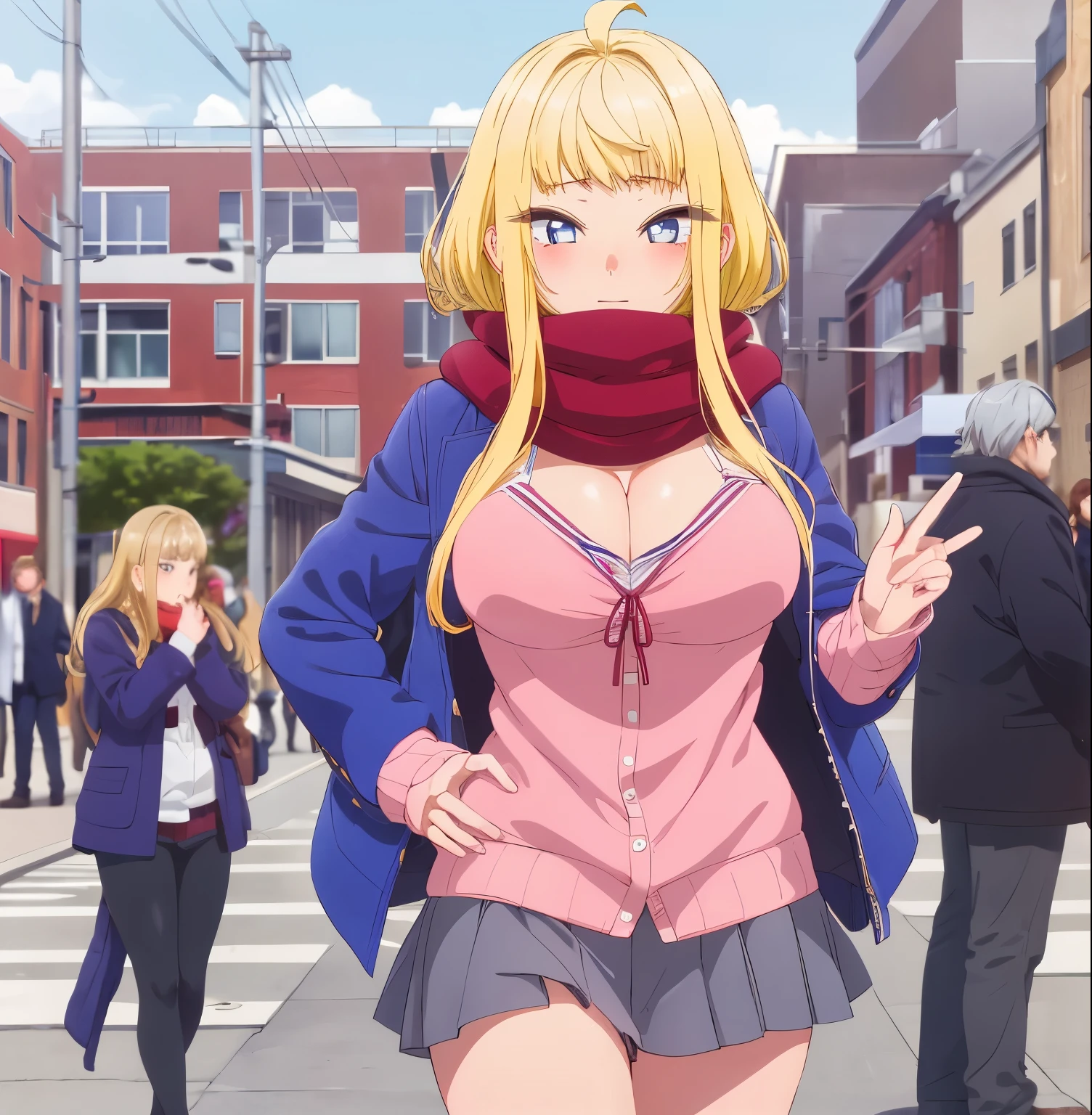 1girl, alone,Minami Fuyuki, ahoge, solo, blonde hair,  looking at viewer,pink cardigan,eyes purple, cleavage, blue jacket, open jacket, red scarf,  pleated skirt, grey skirt, city background, outdoors,hands in hip, sky,(highres:1.2),(ultra-detailed:1.2),[high dynamic range lighting],(masterpiece:1.3), (best quality),highly quality, intricate details,best shadow,(extremely detailed fine touch:1.2), (high resolution), (8K), (extremely detailed), (4k), (pixiv), perfect face, nice eyes and face, (super detailed), detailed face and eyes, textured skin, absurdres, highres,deep skin,skindentation,large breasts, medium waist, wide hips, medium thighs, excellent anatomy, good hands
