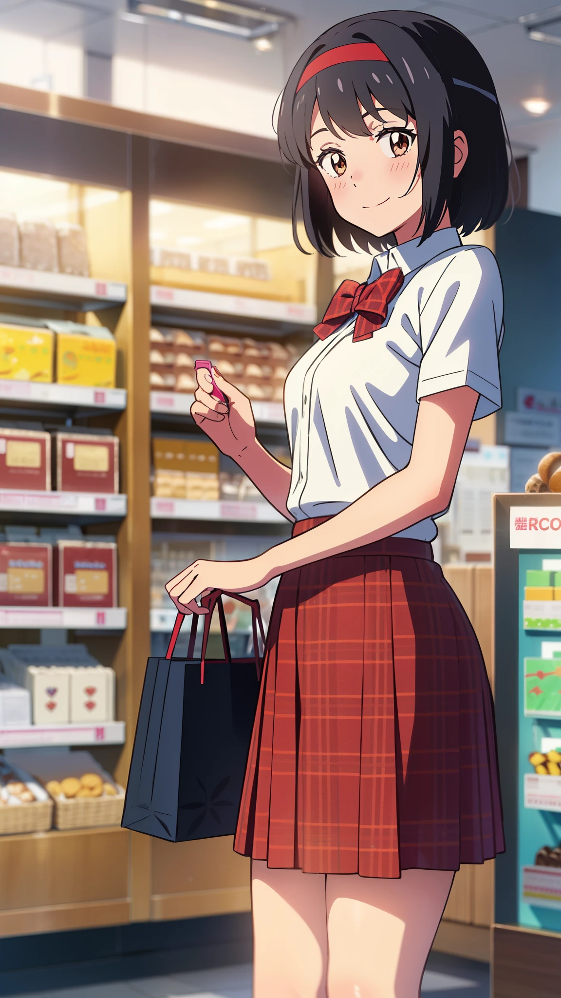 shinkai makoto, kimi no na wa., 1girl, bangs, black hair, blush, brown eyes, red headband, red bow, red ribbon, Everyday clothes, Fashionable clothes, skirt, plaid skirt, short sleeves, short hair, smile, cute, solo, looking at viewer, Holiday Afternoon, enjoying shopping, shopping mall, indoors