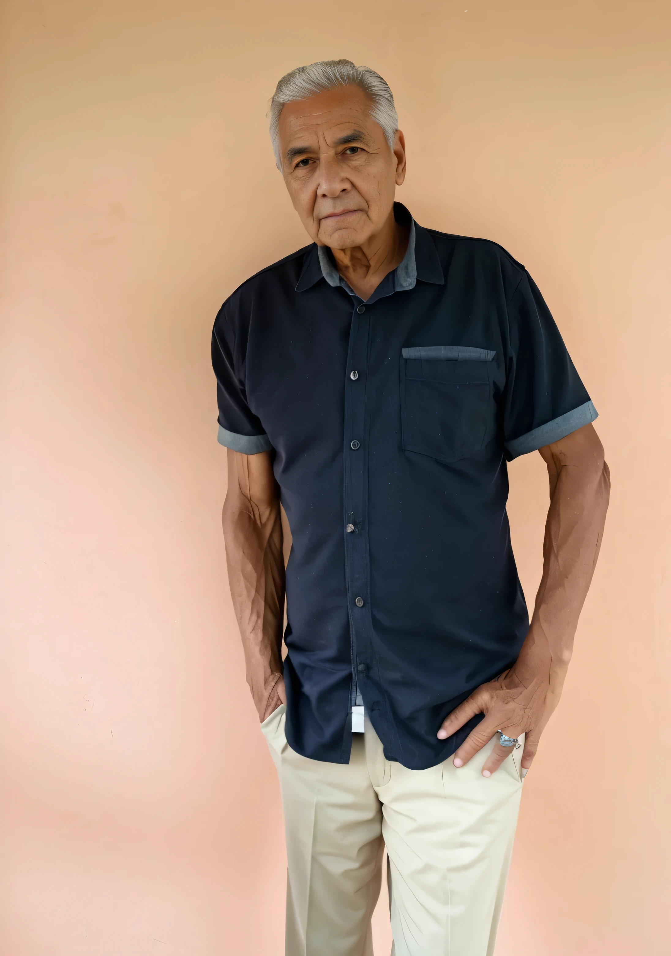 hombre arafed parado frente a una pared color canela con las manos en las caderas, un retrato de personaje inspirado en Francis Souza, Instagram, free figuration, he is about 8 0 years old, he is about 7 0 years, he's about 6 0 years old, he's about 60 years old, an 80 year old man, 7 0 years